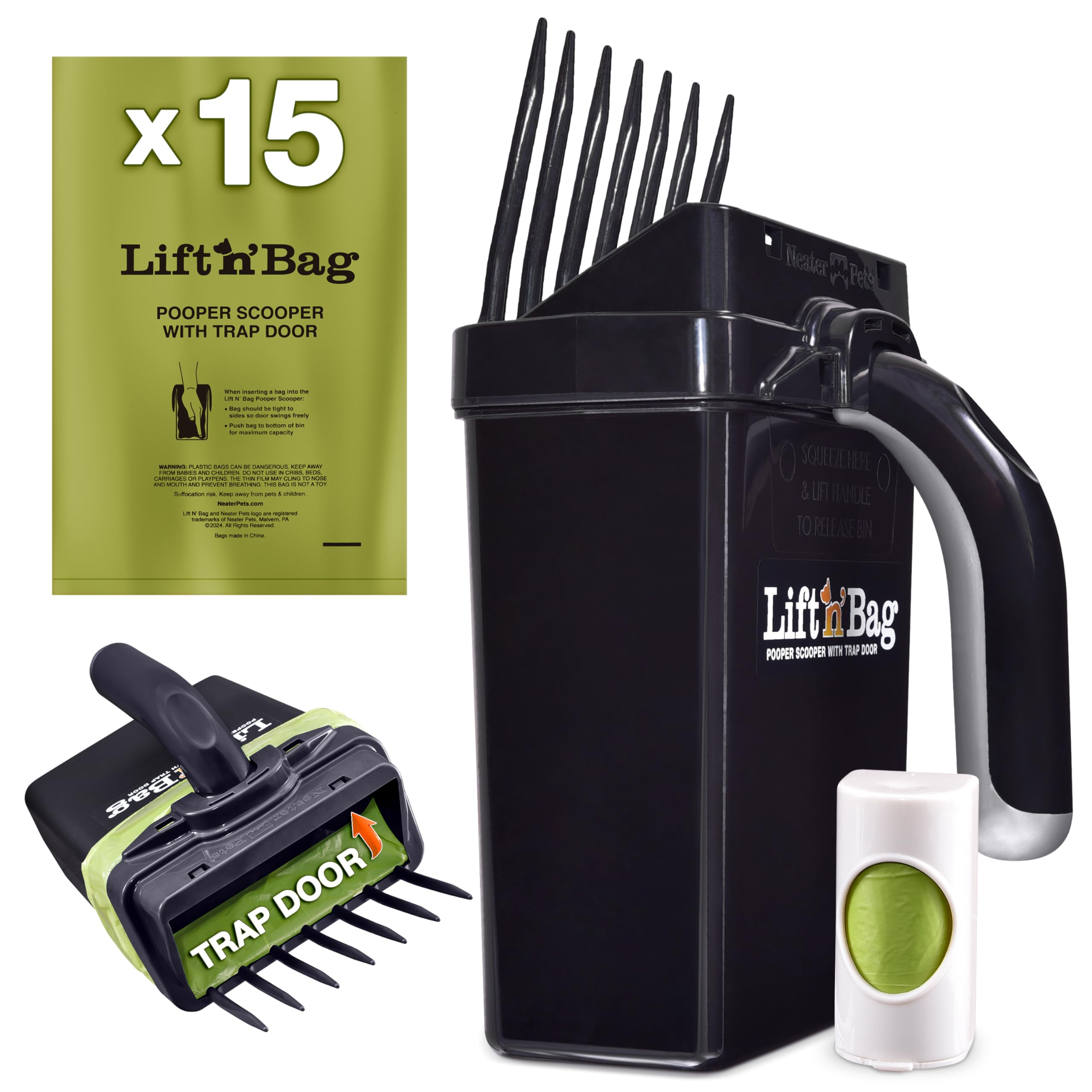 Neater Pets Lift N Bag Trap Door Dog Pooper Scooper With Bag Attachment For Small To Large Breeds - 15 Refill Bags - Heavy Duty 