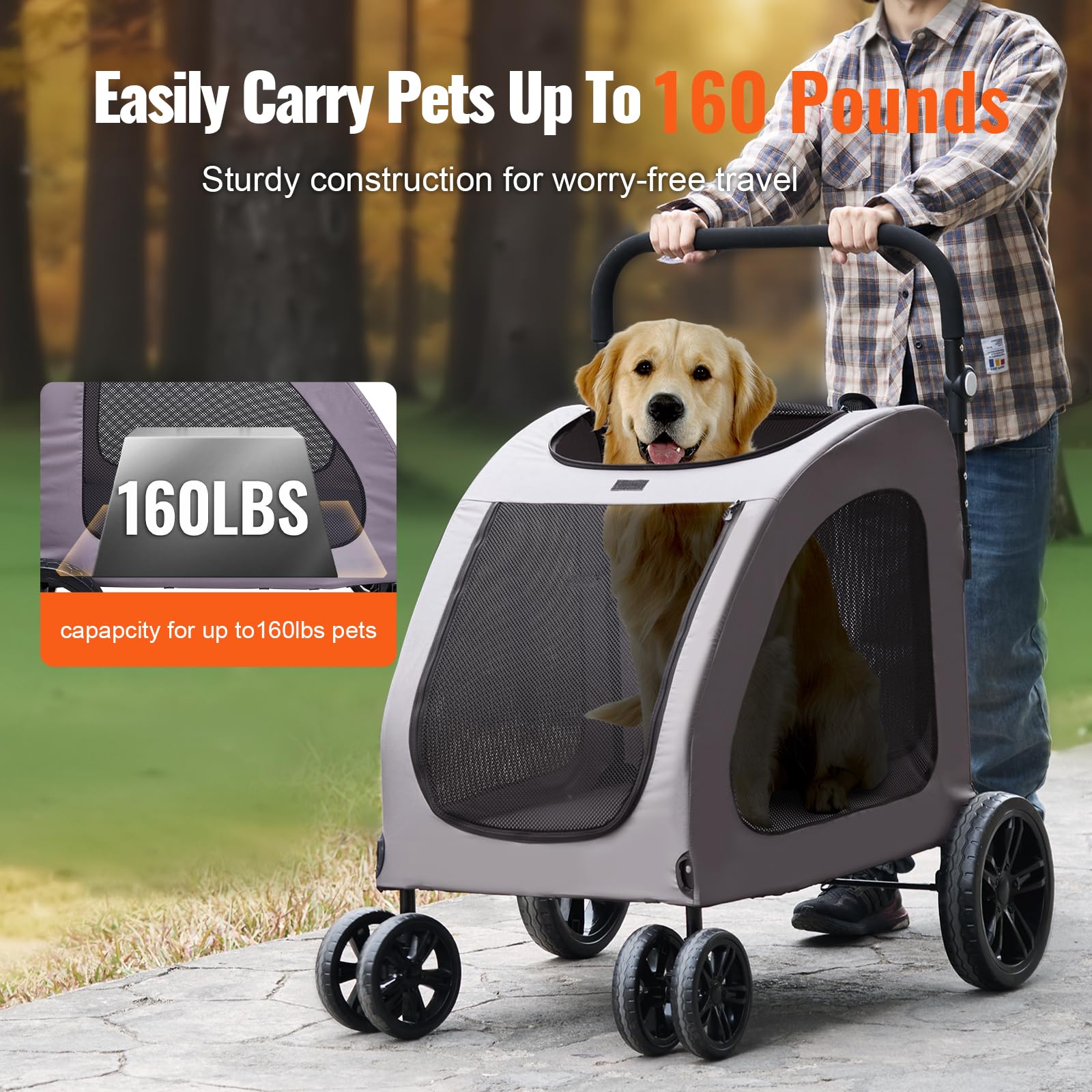 VEVOR Pet Stroller, 4 Wheels Dog Carrier with Brakes, 160lbs Weight Capacity, Portable Puppy Travel Strollers with Breathable Me