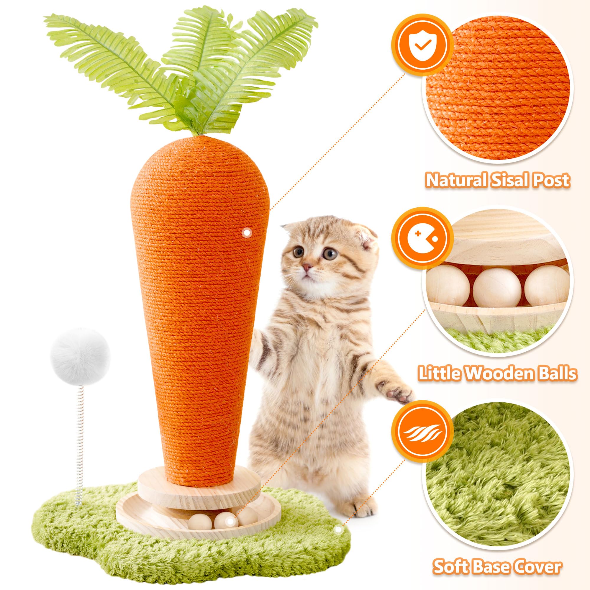 24' H Cat Scratching Post Carrot With Catnip, Cute Cat Scratcher Post With Durable Natural Wooden Turntable Toy, Carrot Shape De