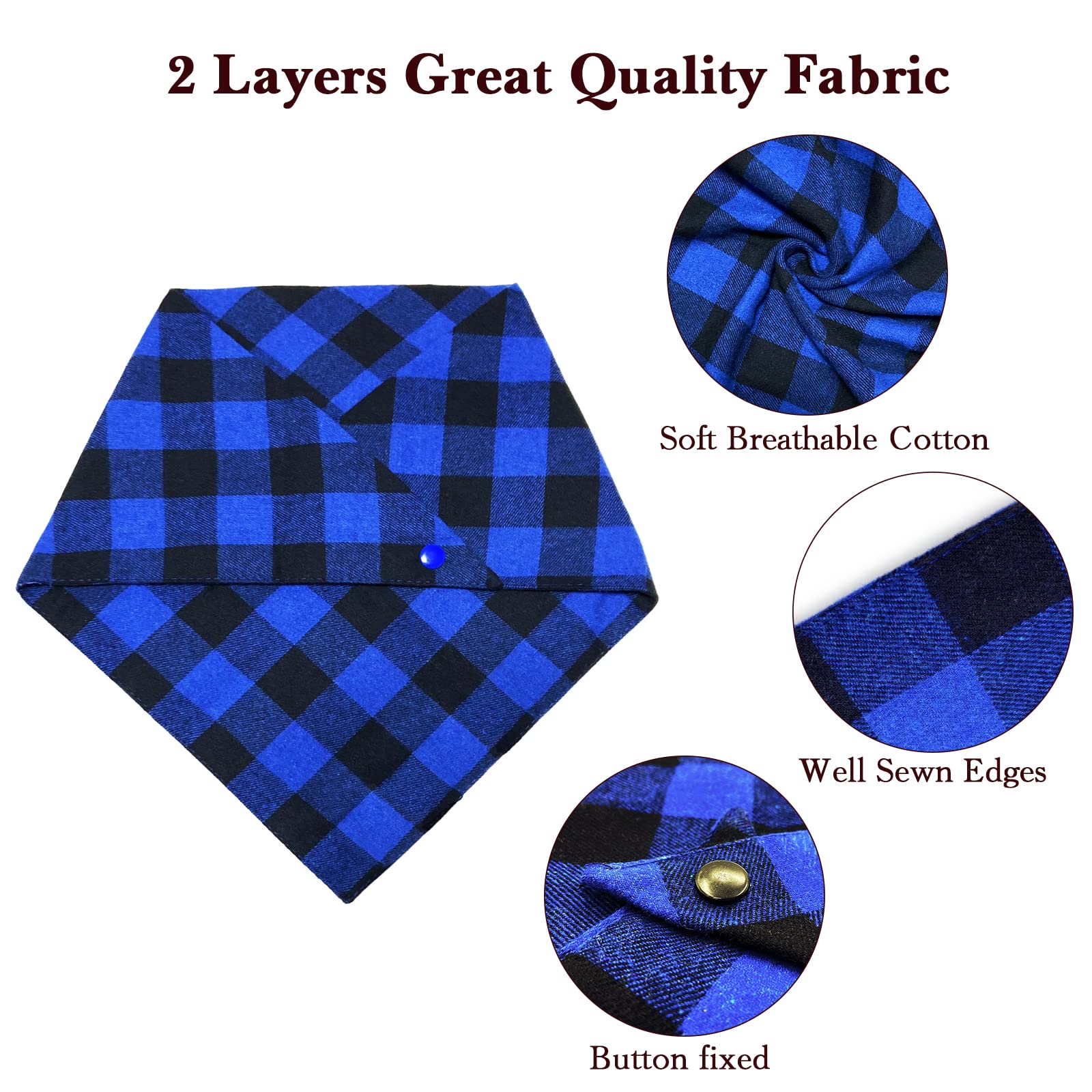 Christmas Plaid Bandana With Button, Fall Dual Layer Soft Cotton Triangle Dog Scarf Kerchief Washable Girl Boy Bandanas Adjustab