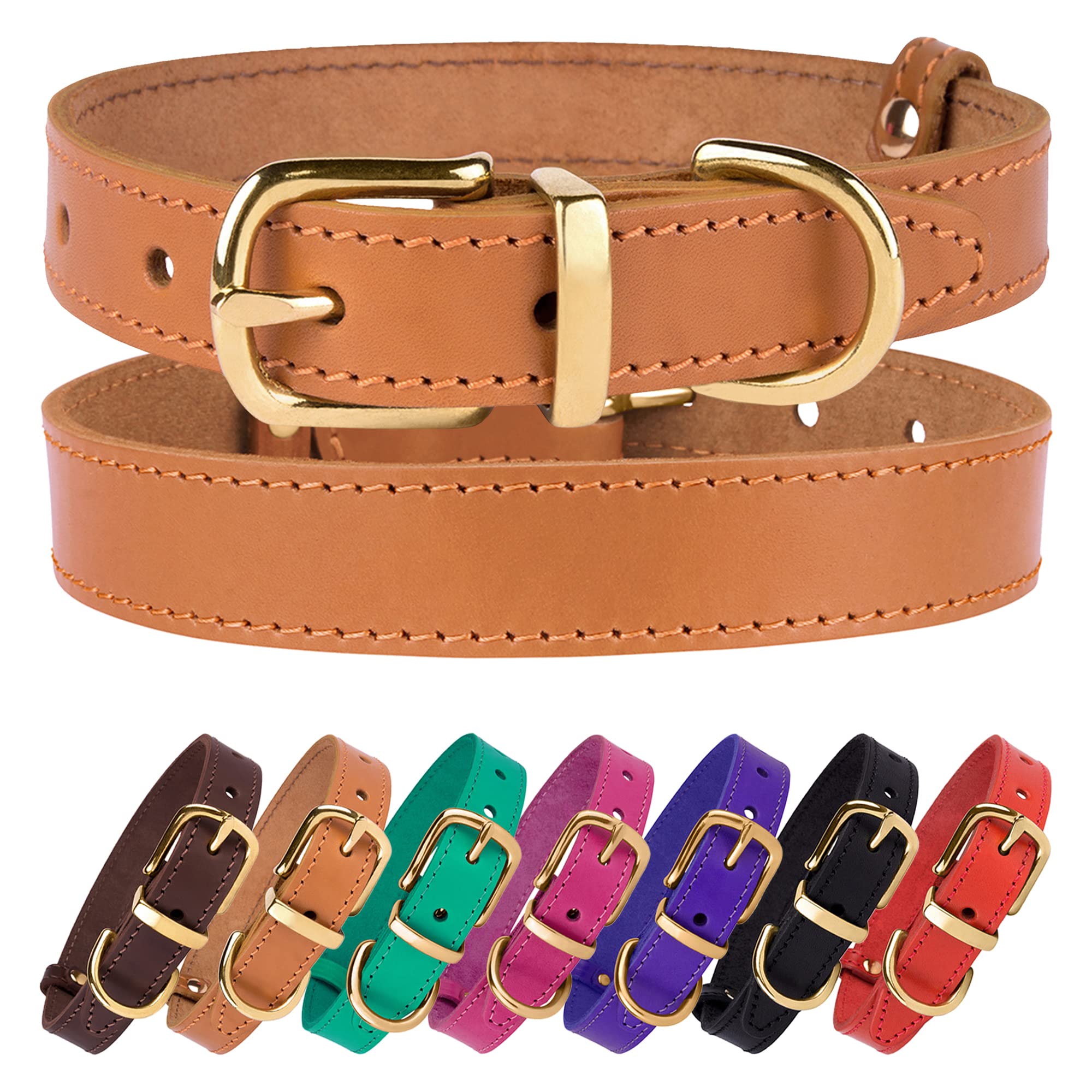 Bronzedog Leather Dog Collar With Metal Buckle Durable Basic Pet Collars For Small Medium Large Dogs (19-21 Inch (Pack Of 1), Light Brown & Gold Buckle)
