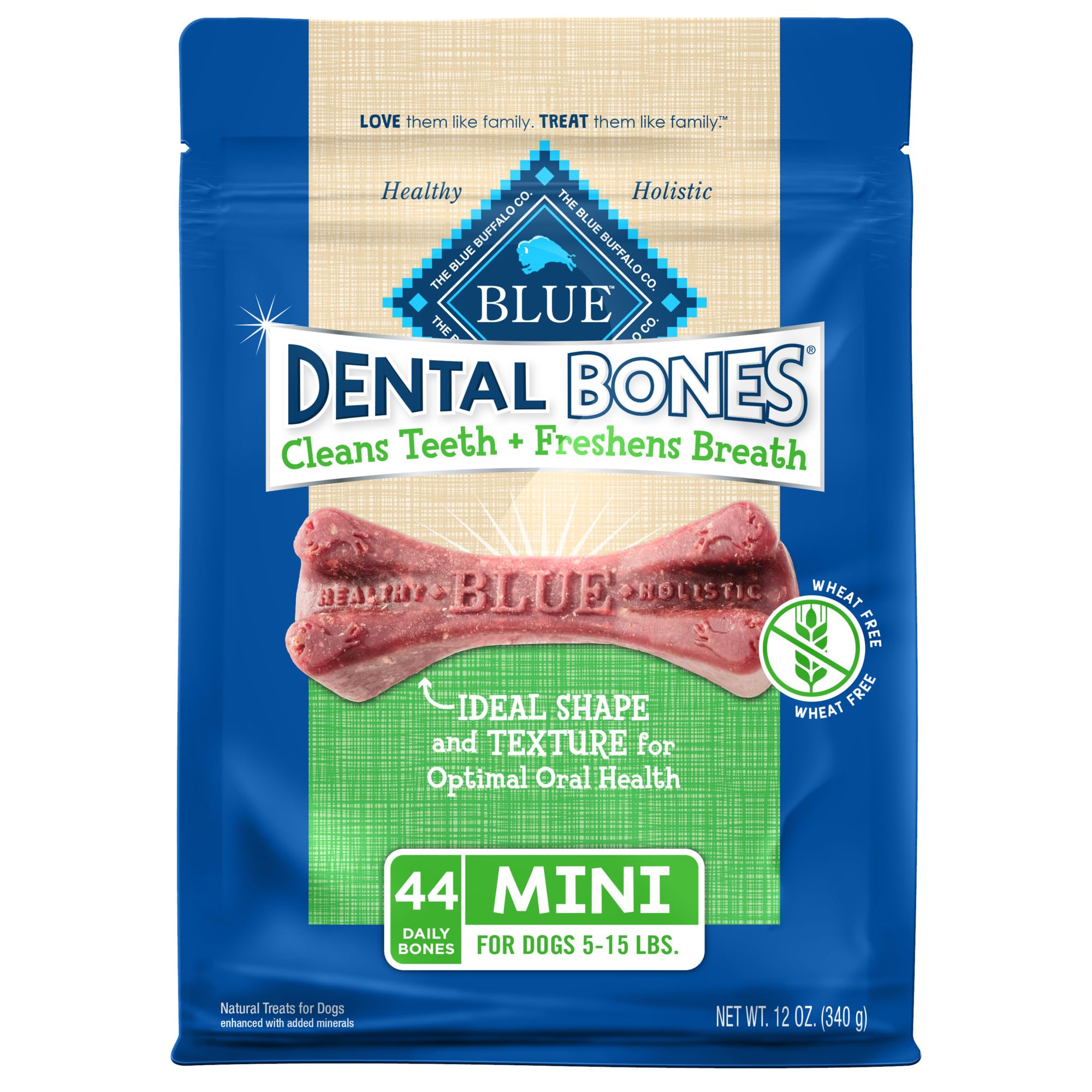 Blue Buffalo Dental Bones Mini Natural Dental Chew Dog Treats, (5-15 lbs) 12-oz Bag