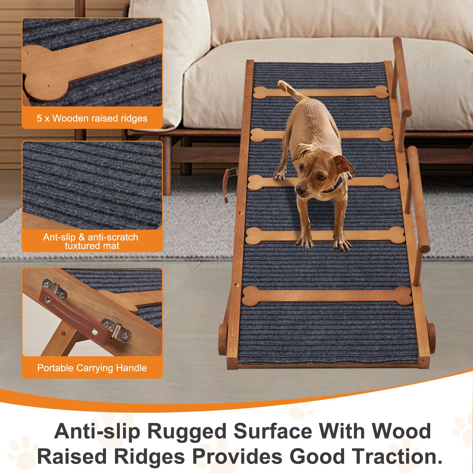 Wooden Dog Ramp For High Bed, 47.2'' Long Non-Slip Dog Ramp For Couch, 6 Adjustable Heights From 15.7'' To 28'' With Side Rails