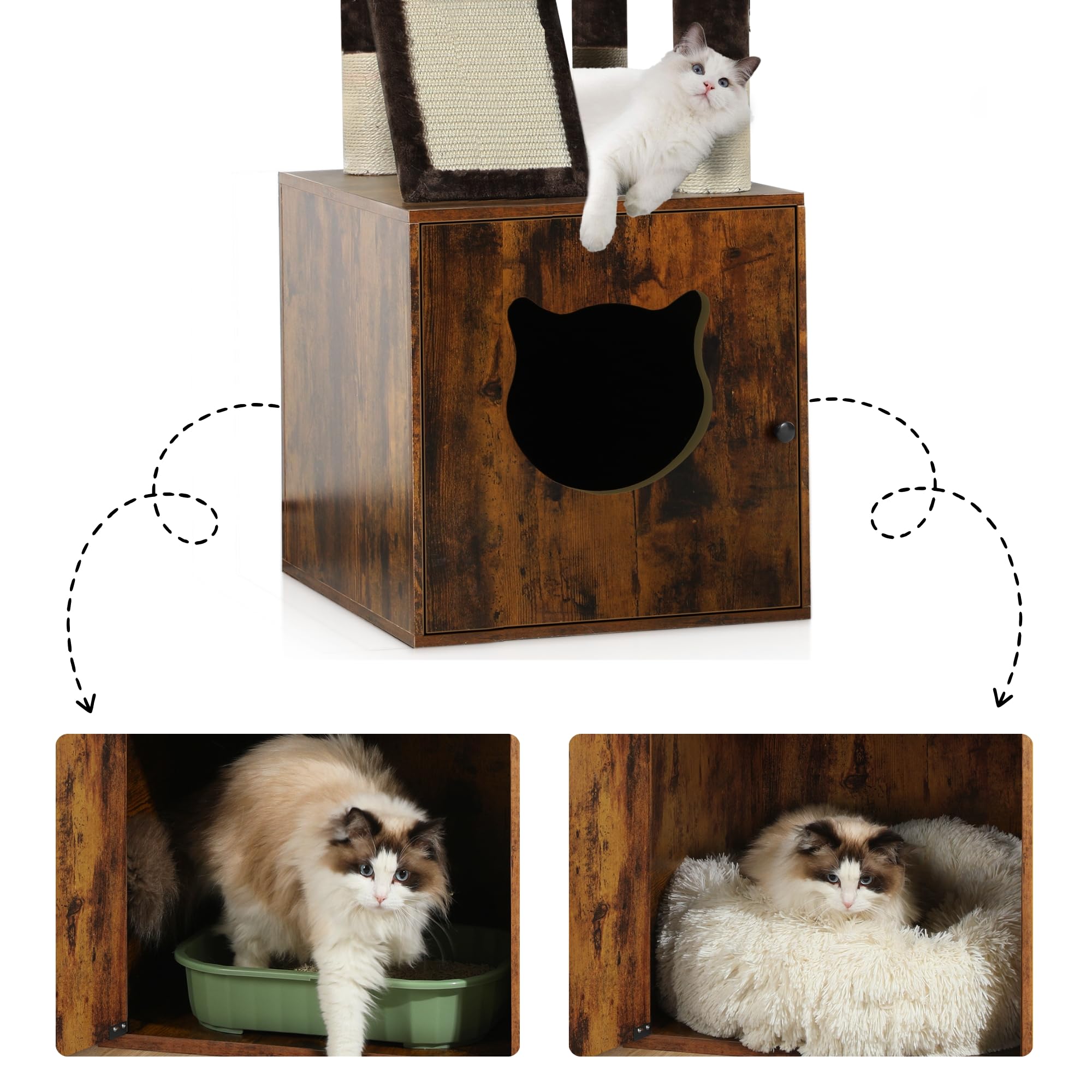 Yitahome Cat Tree With Litter Box Enclosure, Hidden Cat Litter Box Furniture With Sisal Scratching Post, Wooden Cat House With B