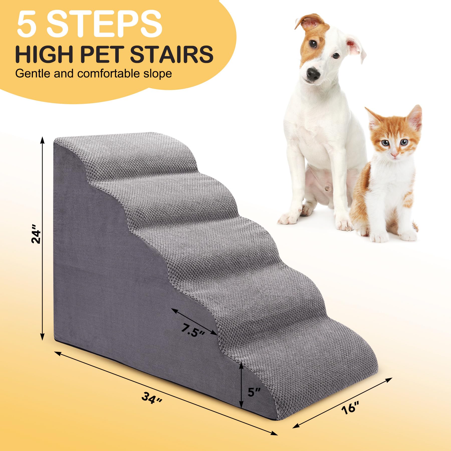 Ciwivoki Dog Stairs For Bed, 5-Step Dog Steps For Couch And High Bed, Non-Slip Pet Stairs, 24' High Sofa Foam Dog Ramp - Best For Small Pets, Older Dogs, Cats With Joint Pain