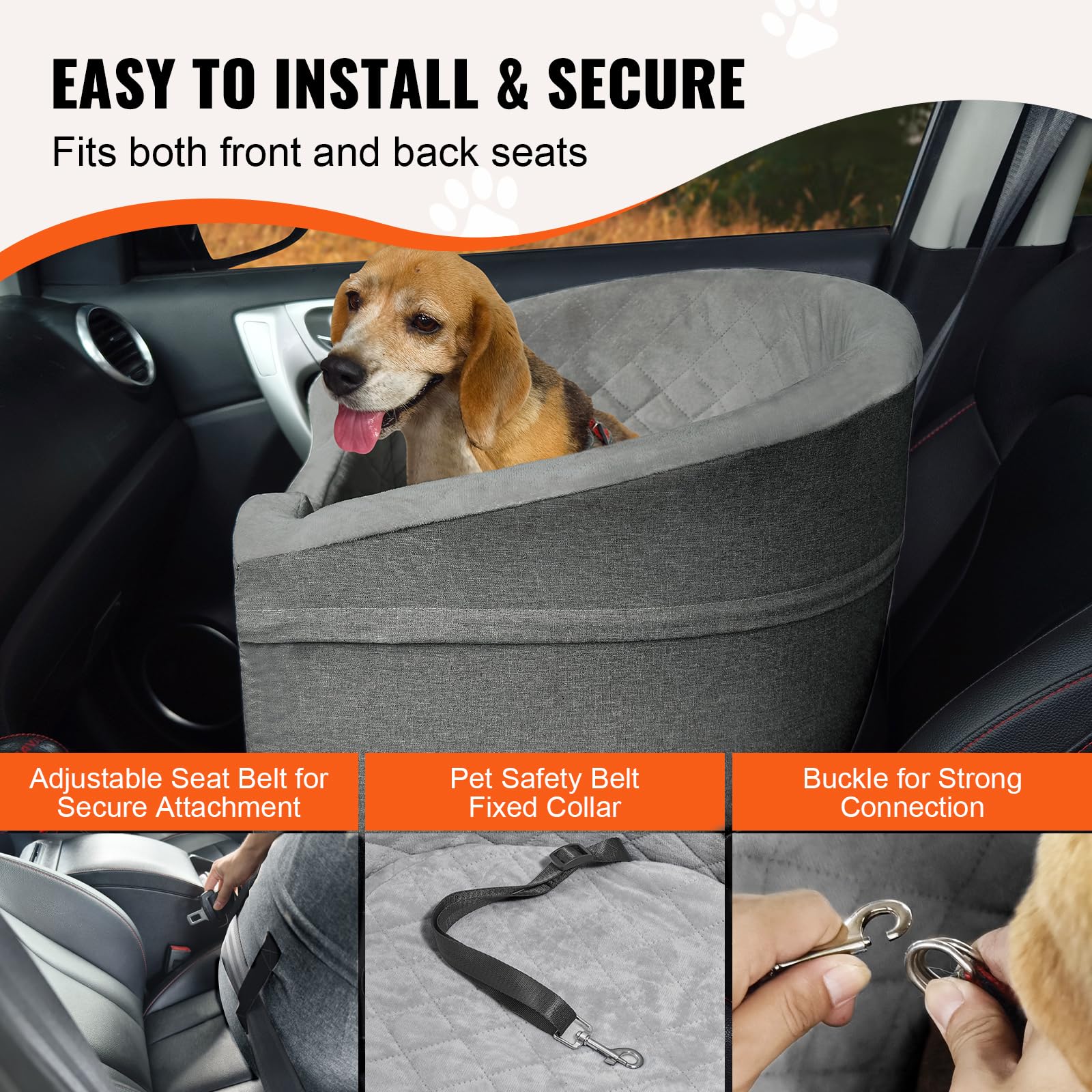 VEVOR Dog Car Seat, Waterproof Booster Seat for Small/Medium Dogs up to 55lbs, Dark Gray, Oxford Fabric with Sponge Filling, Model JBS-PCS-006