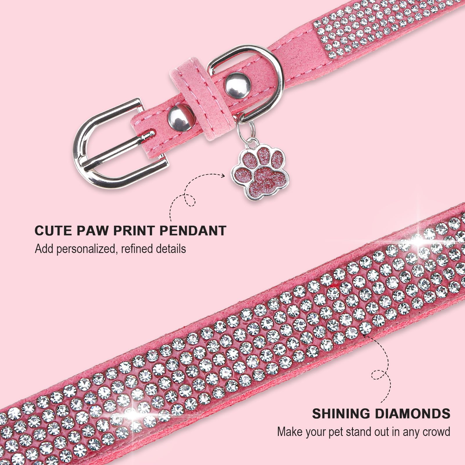 Bingpet Dog Collar For Small Dogs,Bling Rhinestone Puppy Collar Adjustable,Soft Leather Suede Pink Dog Collars Cat Collars For G