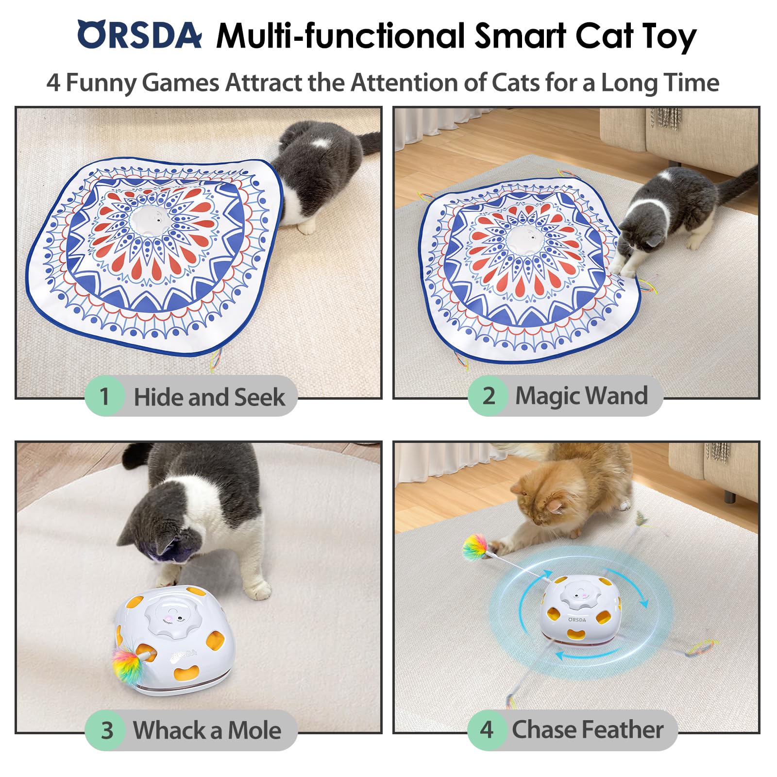 Orsda Cat Toys, 4 In 1 Interactive Cat Toys For Indoor Kitten, Automatic Electric Enrichment Hide And Seek, Chase The Feather, 8