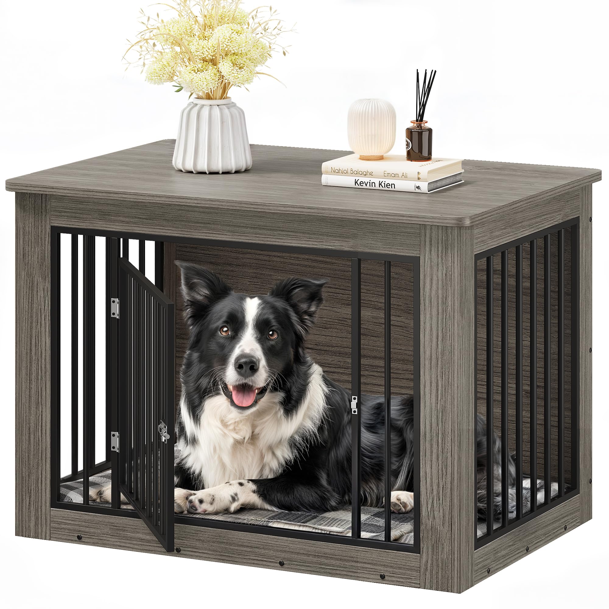 YITAHOME Dog Crate Furniture for Large Dogs, Side End Table, Modern Dogs Kennel Indoor up to 60 lb, 2-in-1 Iron-Wood Fusion Dog 