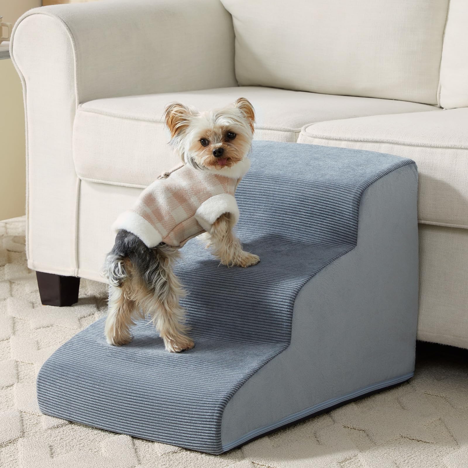 Lextro Dog Stairs For Small Dogs, 3-Steps Dog Ramp For Bed And Couch, Pet Stairs With Highly Supportive Foam And Non-Slip Bottom