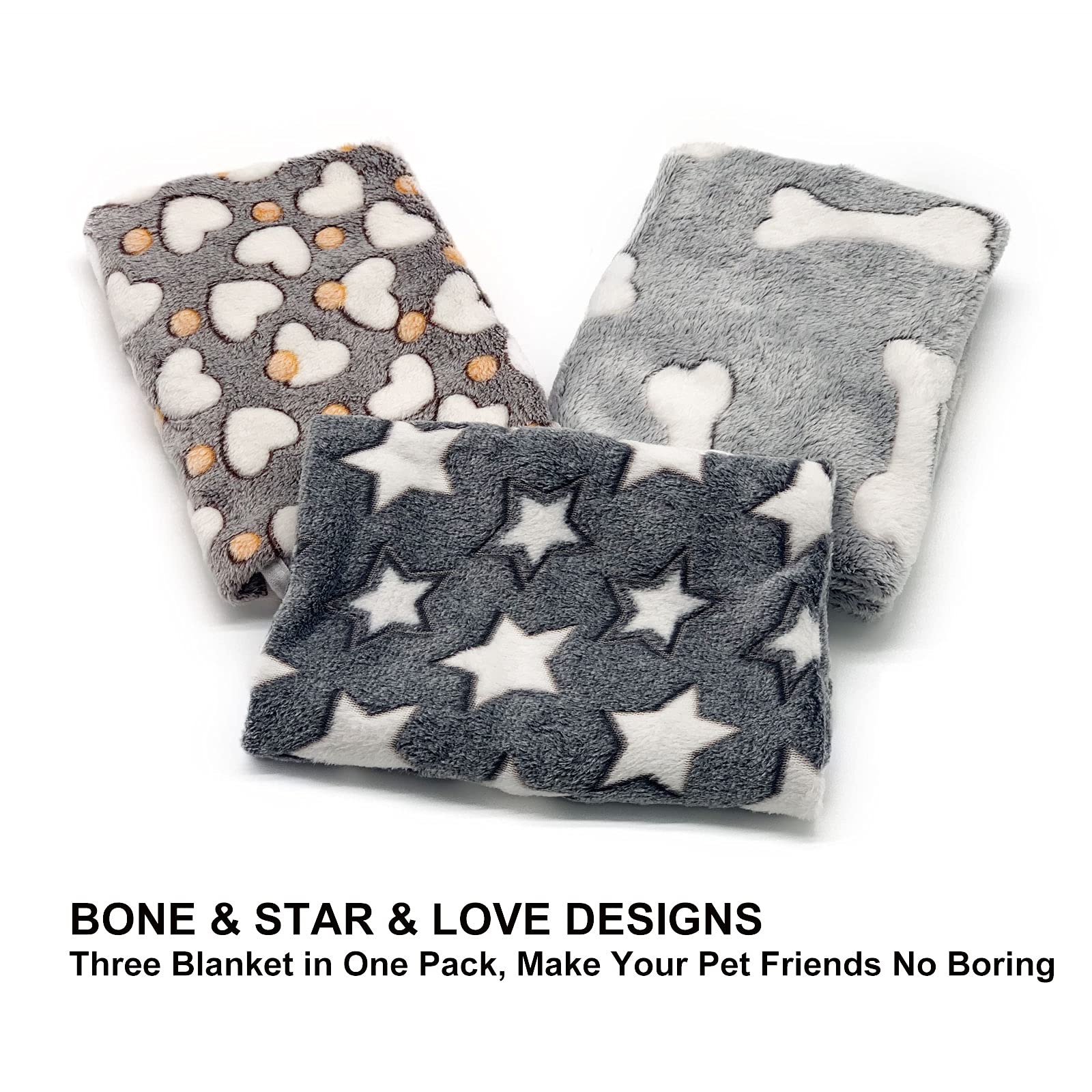 1 Pack 3 Puppy Blankets Super Soft Warm Sleep Mat Grey Cute Print Fluffy Fleece Pet Flannel Throw Dog Blankets For Small Dogs Cats,Star&Bone&Love- Small (23'X15')