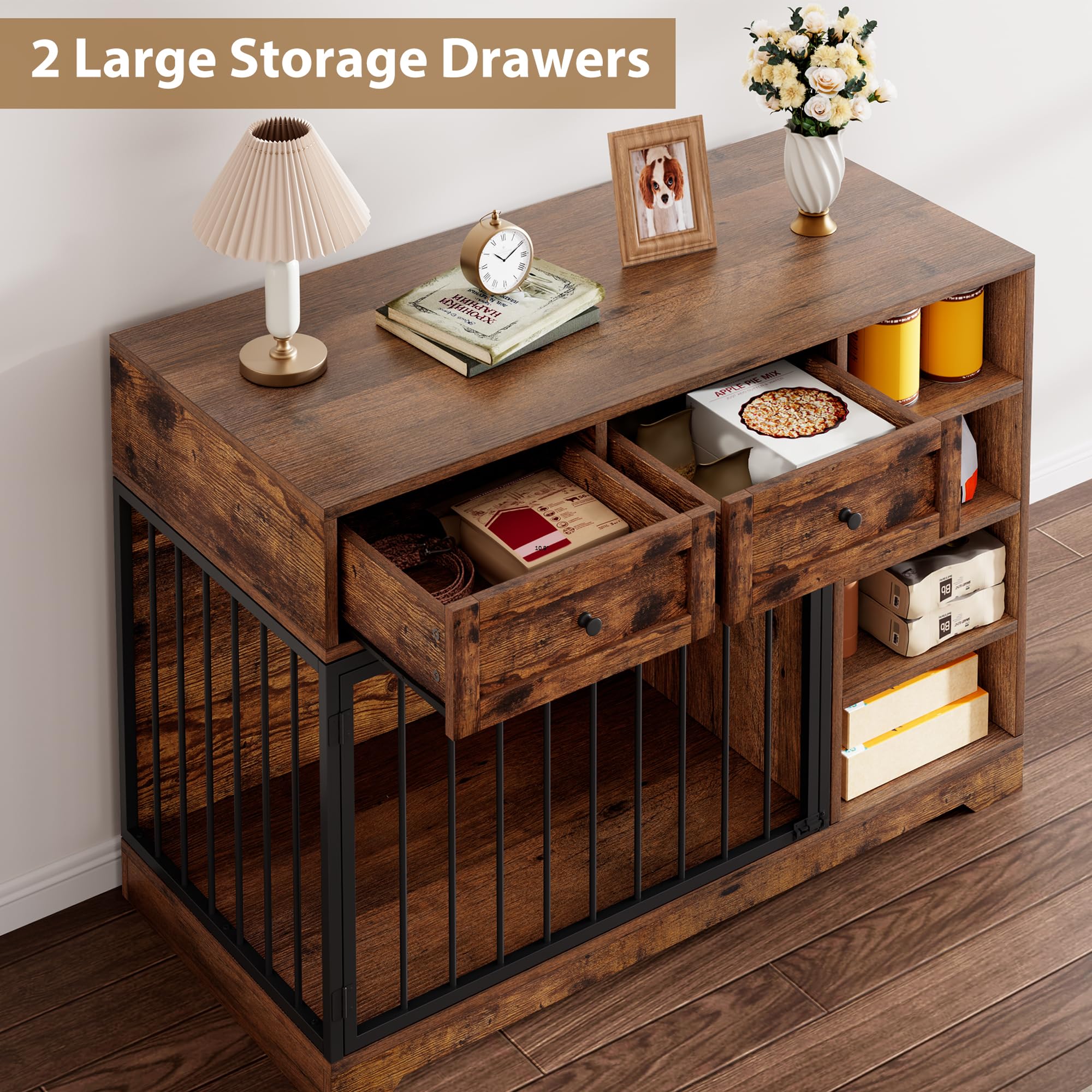 IDEALHOUSE 47    Large Dog Crate, Dog Kennel Indoor with 2 Drawers and 4 Shelves, Dog Crate Furniture TV Stand, Wooden Dog Cage