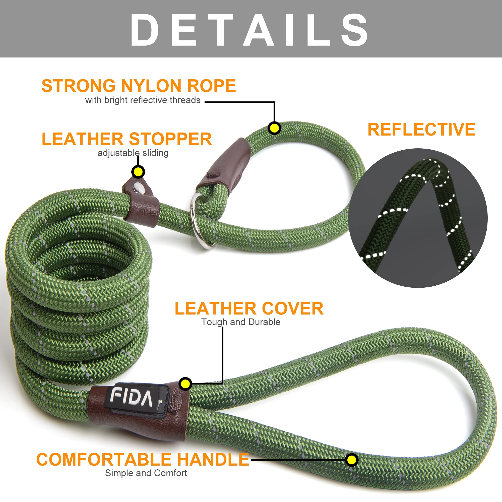 Fida Durable Slip Lead Dog Leash Bulk Pack Of 5, Heavy Duty 1/2' X 6 Ft Comfortable Strong Rope Slip Leash For Large, Medium & Small Dogs No Pulling Pet Training Leash With Highly Reflective (Mixed)
