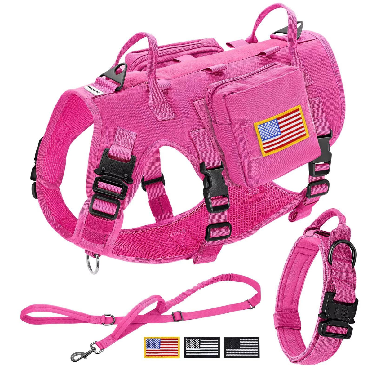 Forestpaw Pink Tactical Dog Harness For Large Dogs,Tactical Dog Collar With Bungee Leash Set,No Pull Military Dog Harness For Wa