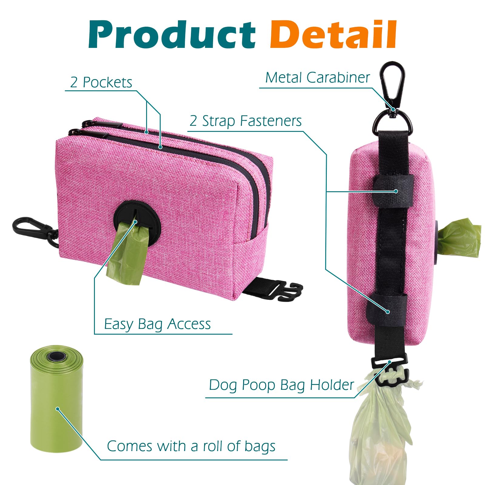 PetBonus Dog Poop Bag Holder, Portable Pet Waste Bag Dispenser, 2 Pouches for Treats and Walking Accessories, Fit All Leashes, I