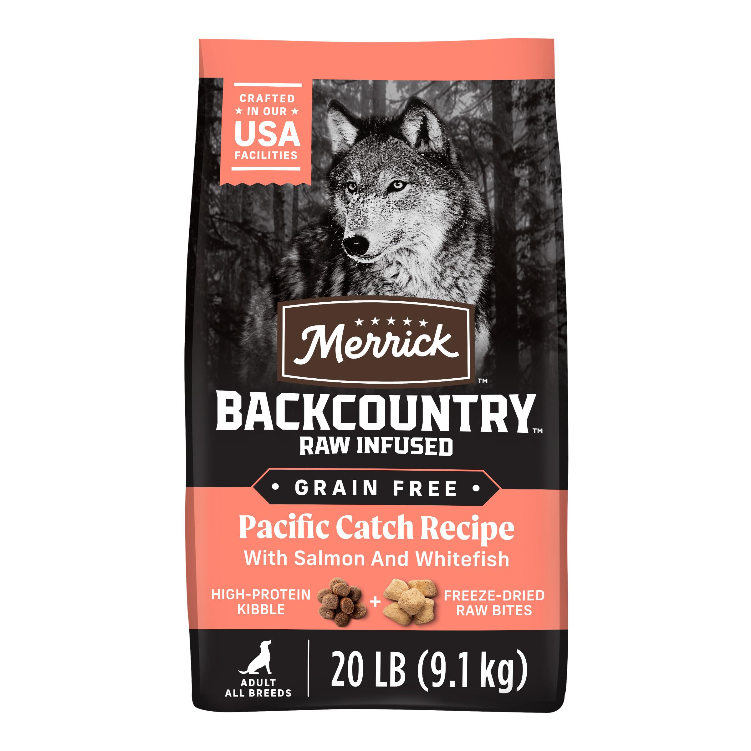 Merrick Backcountry Grain Free Dry Adult Dog Food, Kibble With Freeze Dried Raw Pieces, Pacific Catch With Salmon - 20.0 lb. Bag