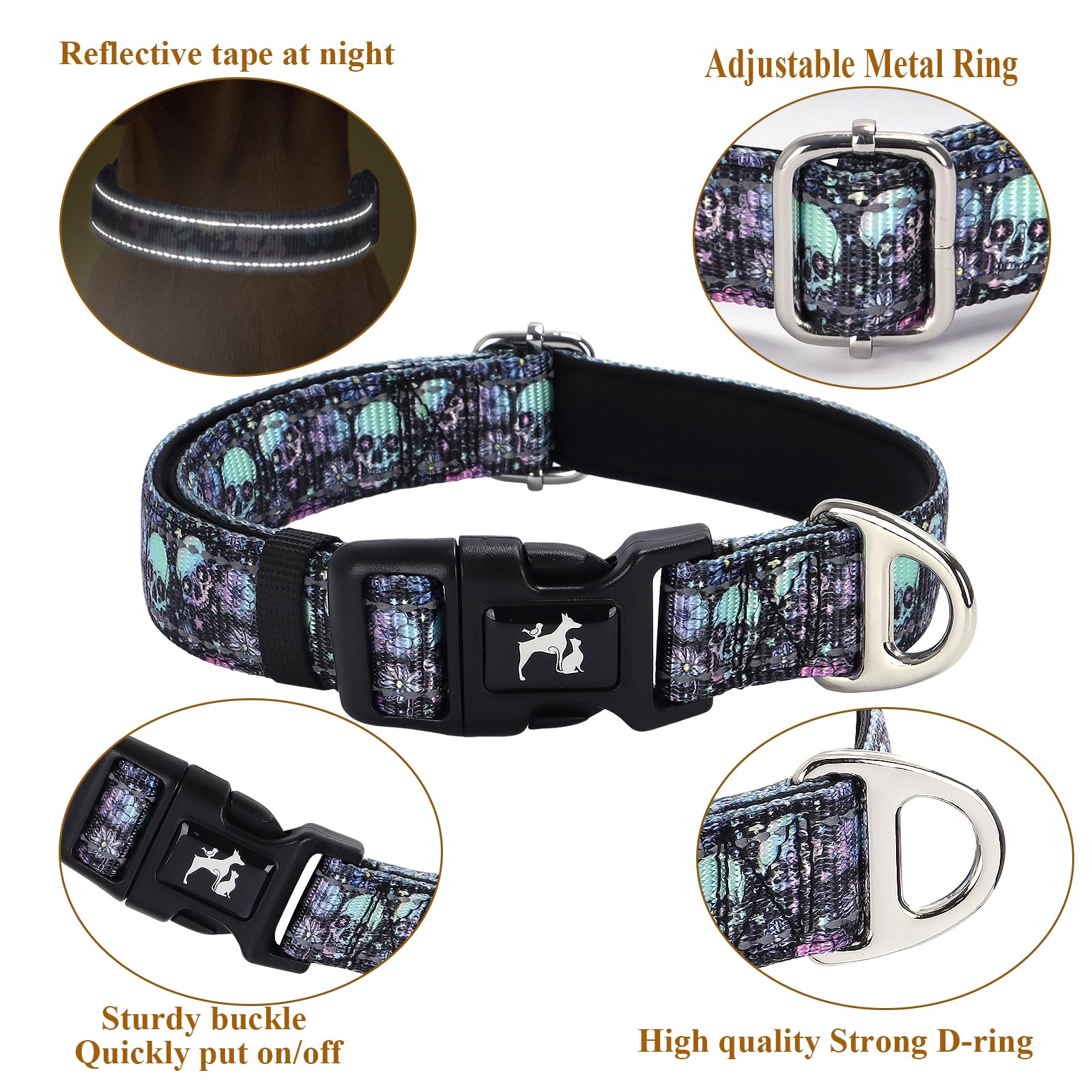 Reflective Dog Collar For Medium, Large & Extra Large Dogs - Soft Neoprene Padded, Adjustable Skull Design Stylish Gift Pet Coll