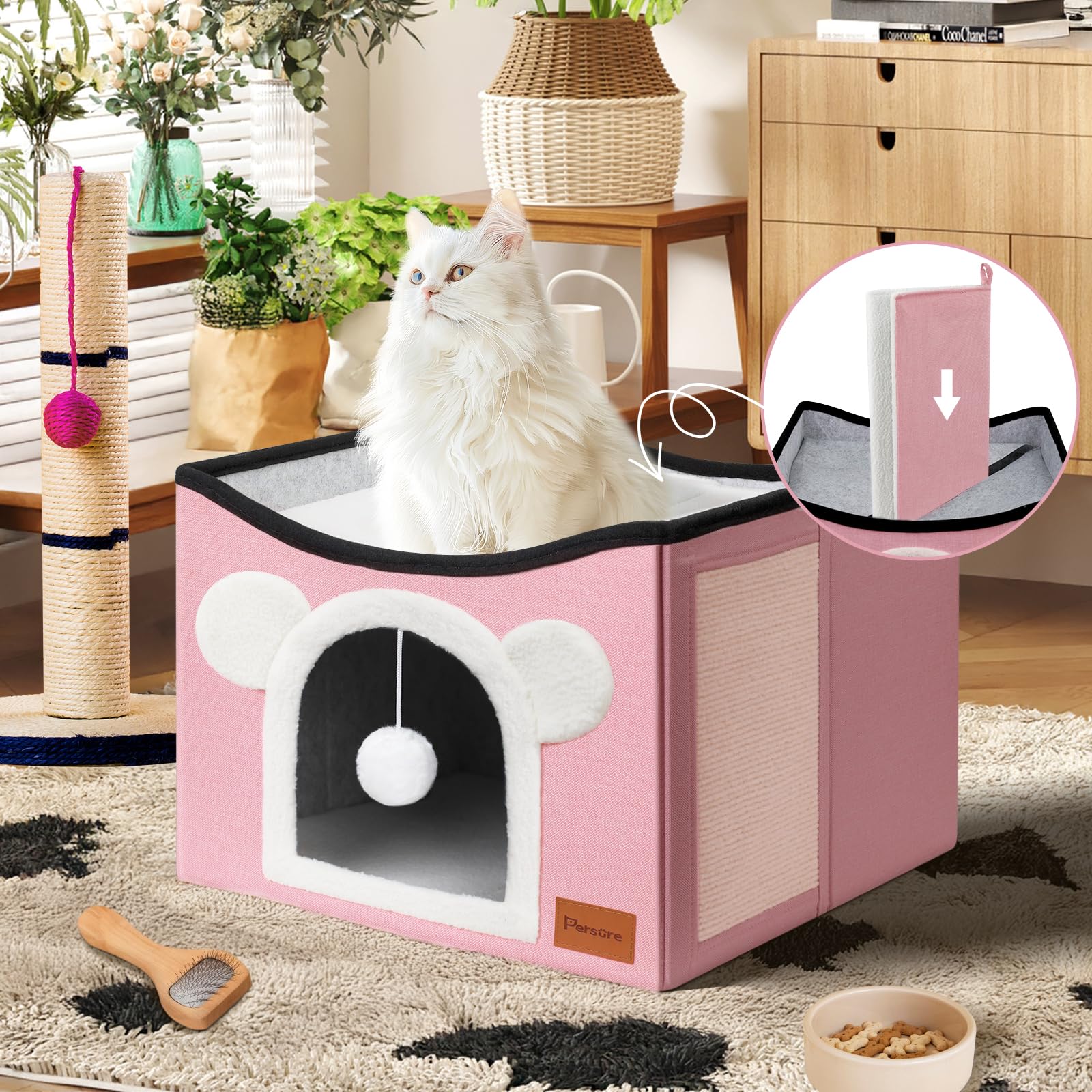 Persure Cat House Cat Beds For Indoor Cats Large Foldable Multifunction Cat Cave For Pet With Hover Ball And Scratching Board(Pi