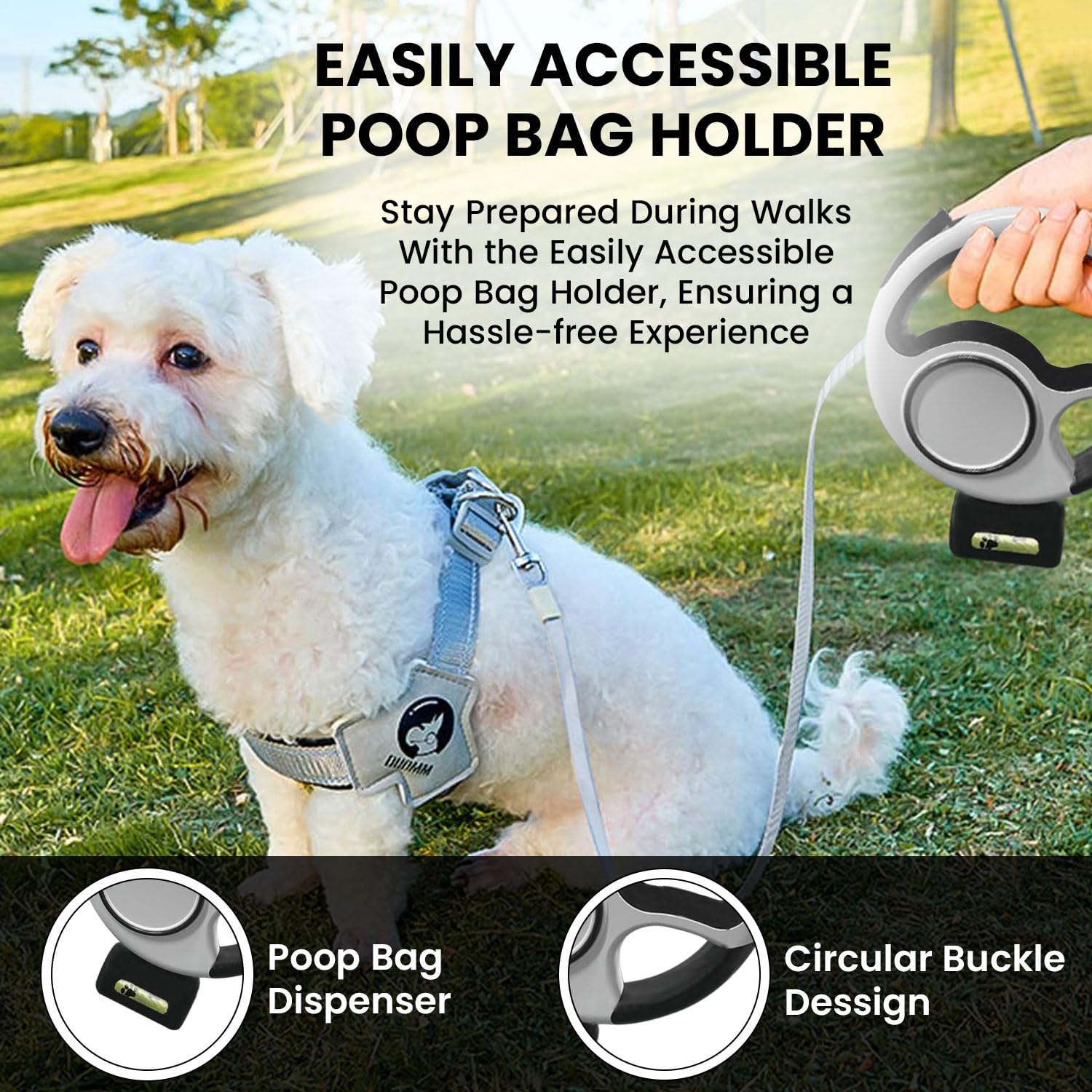 Best Dog Supplies Luxurious White&Black Led-Retractable Dog Leash 10Ft/3M - Rechargeable Pet Leash With Led Flashlight One-Hande