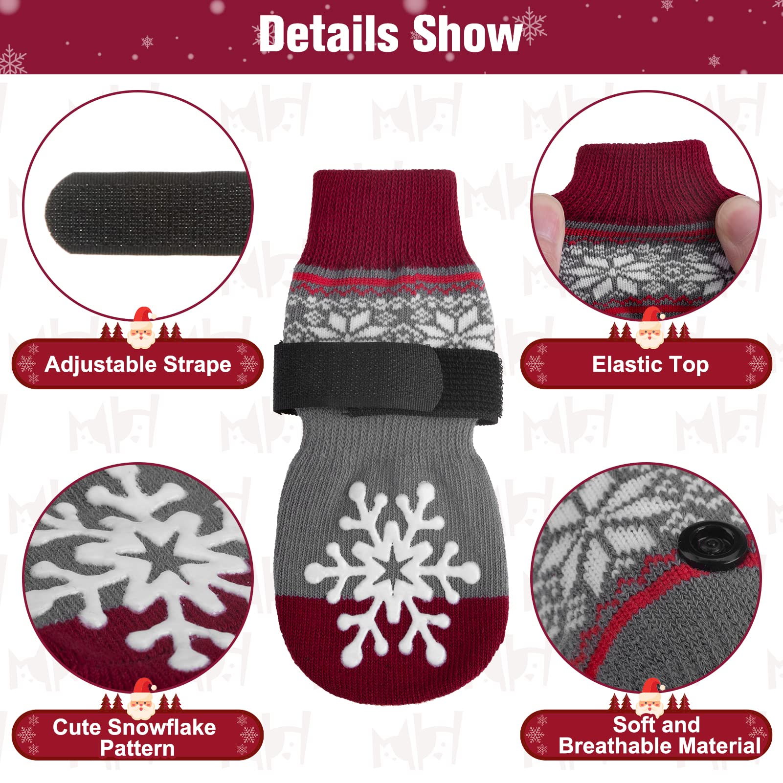 Beautyzoo Christmas Winter Anti-Slip Dog Socks With Grips Traction Control For Small Medium Large Dogs, Non Skid Indoor Double Side Pet Paw Protector For Hardwood Floor Wear, Snowflake L