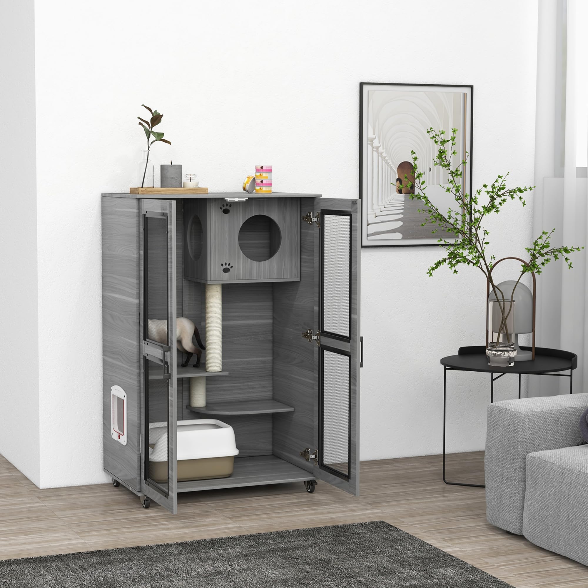 Pawhut Luxury Cat House With Wheels, Kitty Cage Catio Villa For Indoor Cats With Scratching Posts, Condo, Flap Door, Cushion, Gr