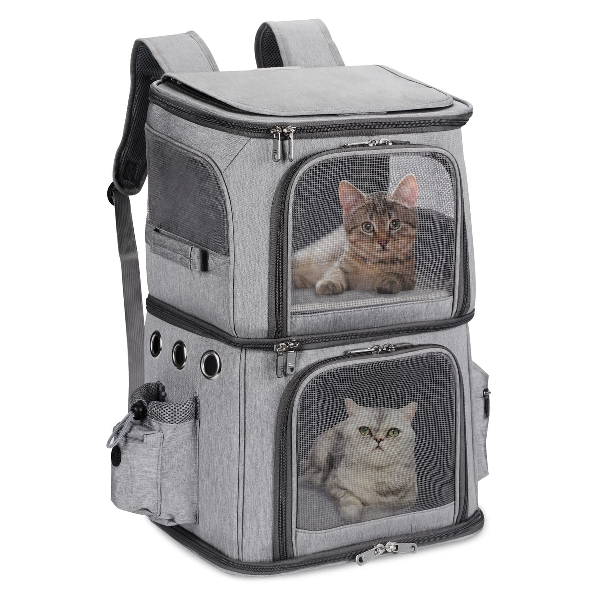 Hovono Double-Compartment Pet Carrier Backpack For Small Cats And Dogs, Cat Travel Carrier For 2 Cats, Perfect For Traveling/Hiking/Camping, Grey