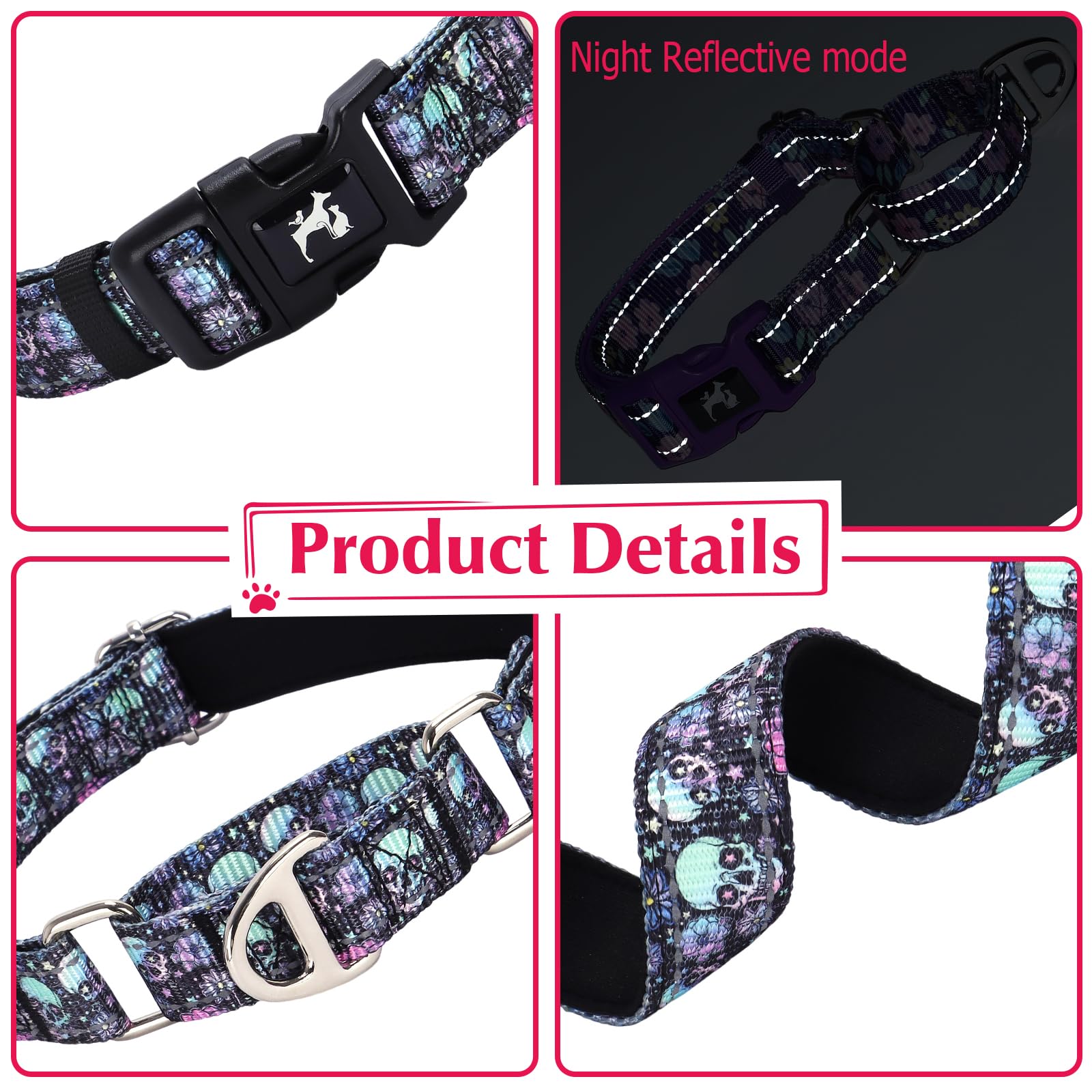 Onefojojo Skull Martingale Dog Collar For Dogs, Reflective Heavy Duty Adjustable Collar With Buckle, No Slip Collar For Girl Or