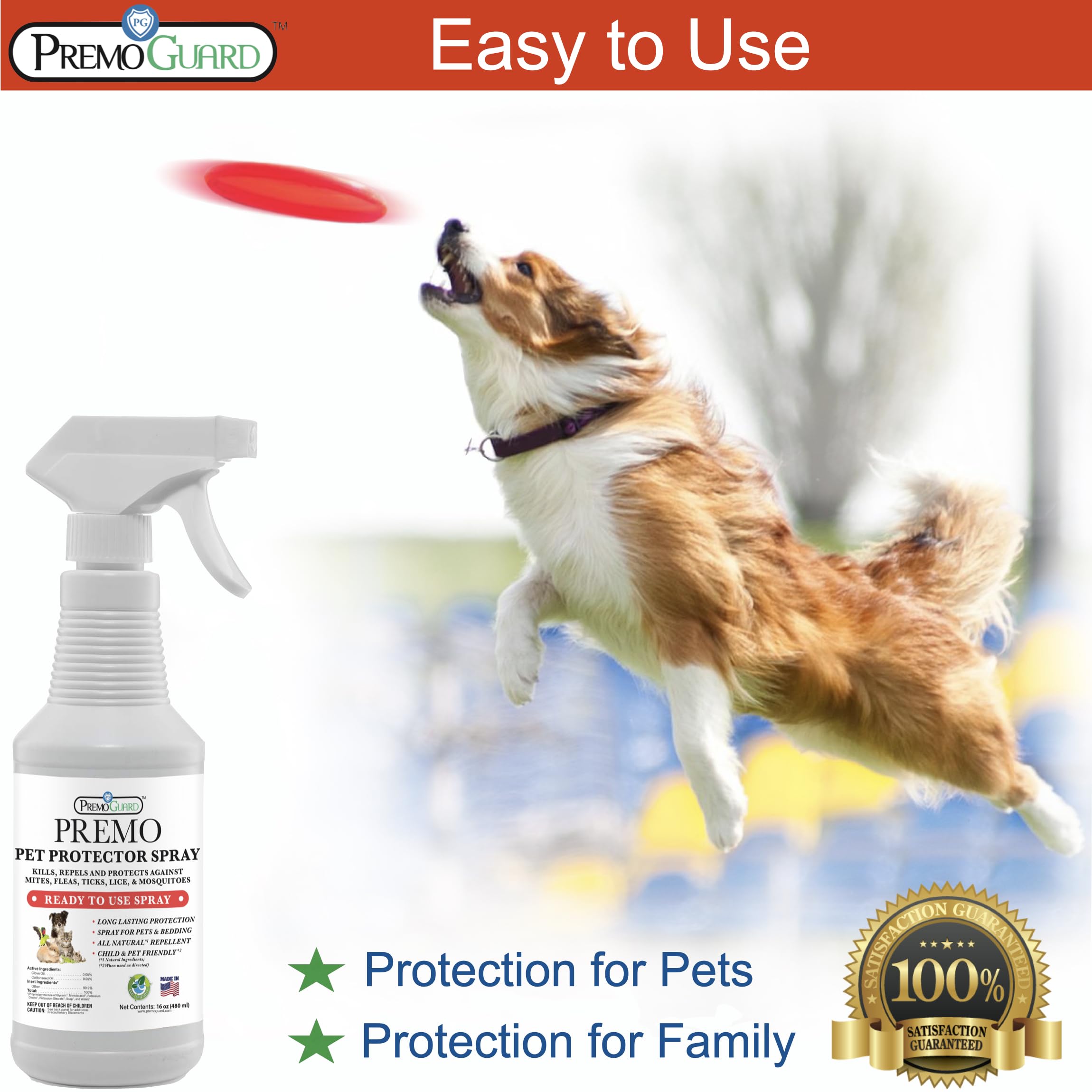 Premo Guard Pet Protector Spray - 16 oz - Kills Mites, Fleas, Ticks, & Mosquitoes - for Dogs, Cats, & Home - Natural Plant Based