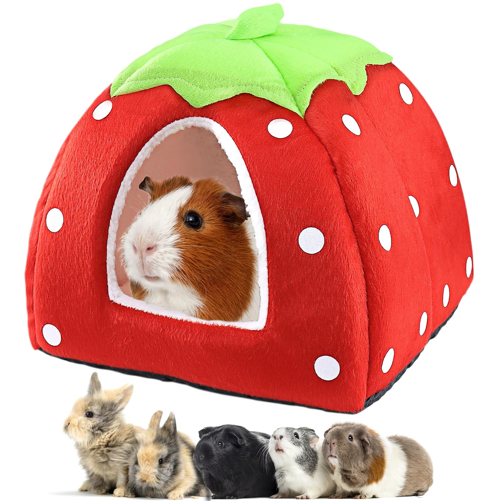 Mygeromon Guinea Pig Bed Rabbit Hideout Warm Fleece Cuddle Cup Washable Winter Sleeping House For Small Pet/Ferret/Chinchilla/Bunny (Strawberry Style)