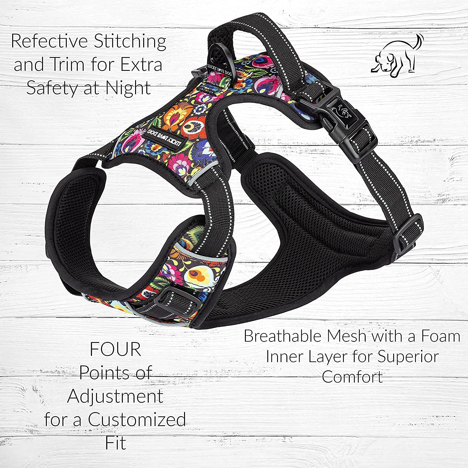 Lucky Love Dog No Pull Dog Harness, Adjustable And Easy To Walk, Cute Floral Pattern Dog Harness For Small Medium Large Dogs - (Xs, Blackbird Harness)