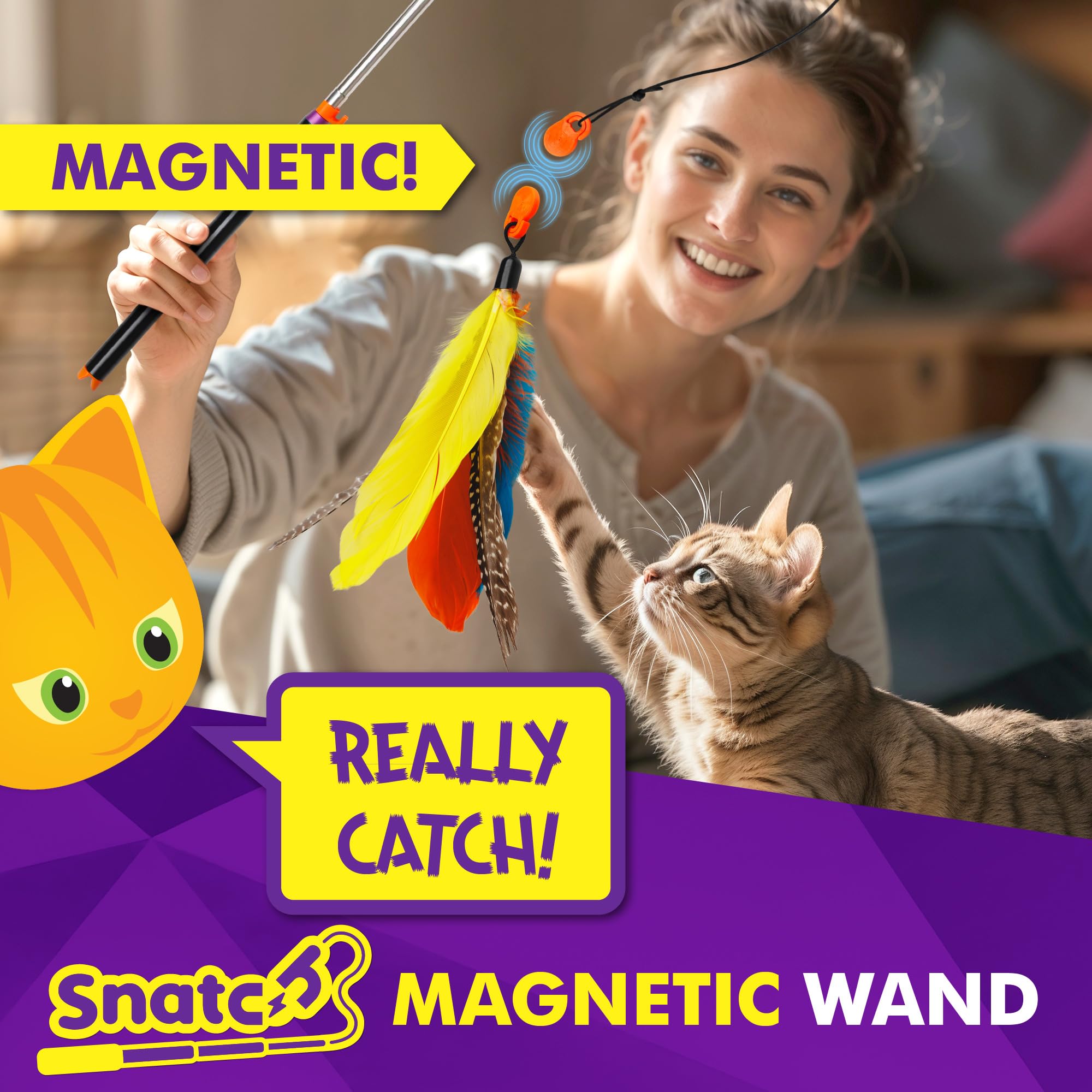 Cat Amazing Snatch Pack - 5 Magnetic Attachments For The Snatch Magnetic Wand Toy - Catnip Mouse, Rattle Snake, Crinkle Fish, Sc
