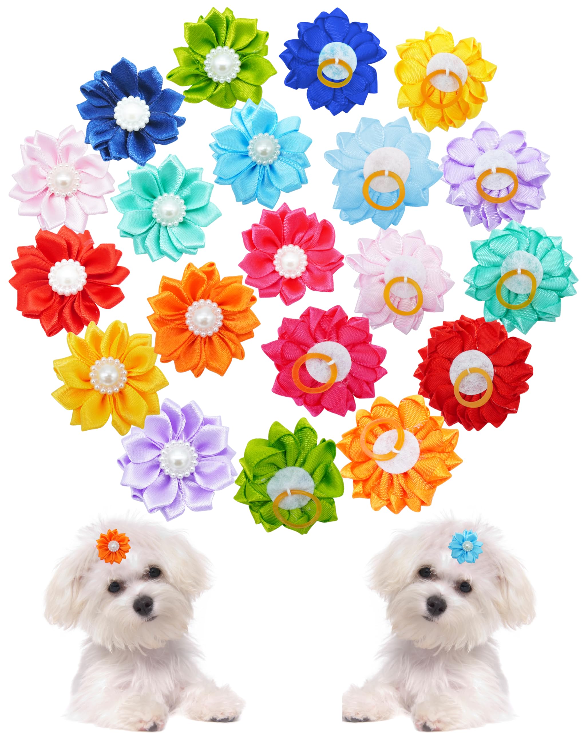 Pet Show 20 Pack/10 Pairs Flower Small Dogs Hair Bows With Rubber Bands For Small Dogs Cat Puppy Topknot Party Birthday Grooming
