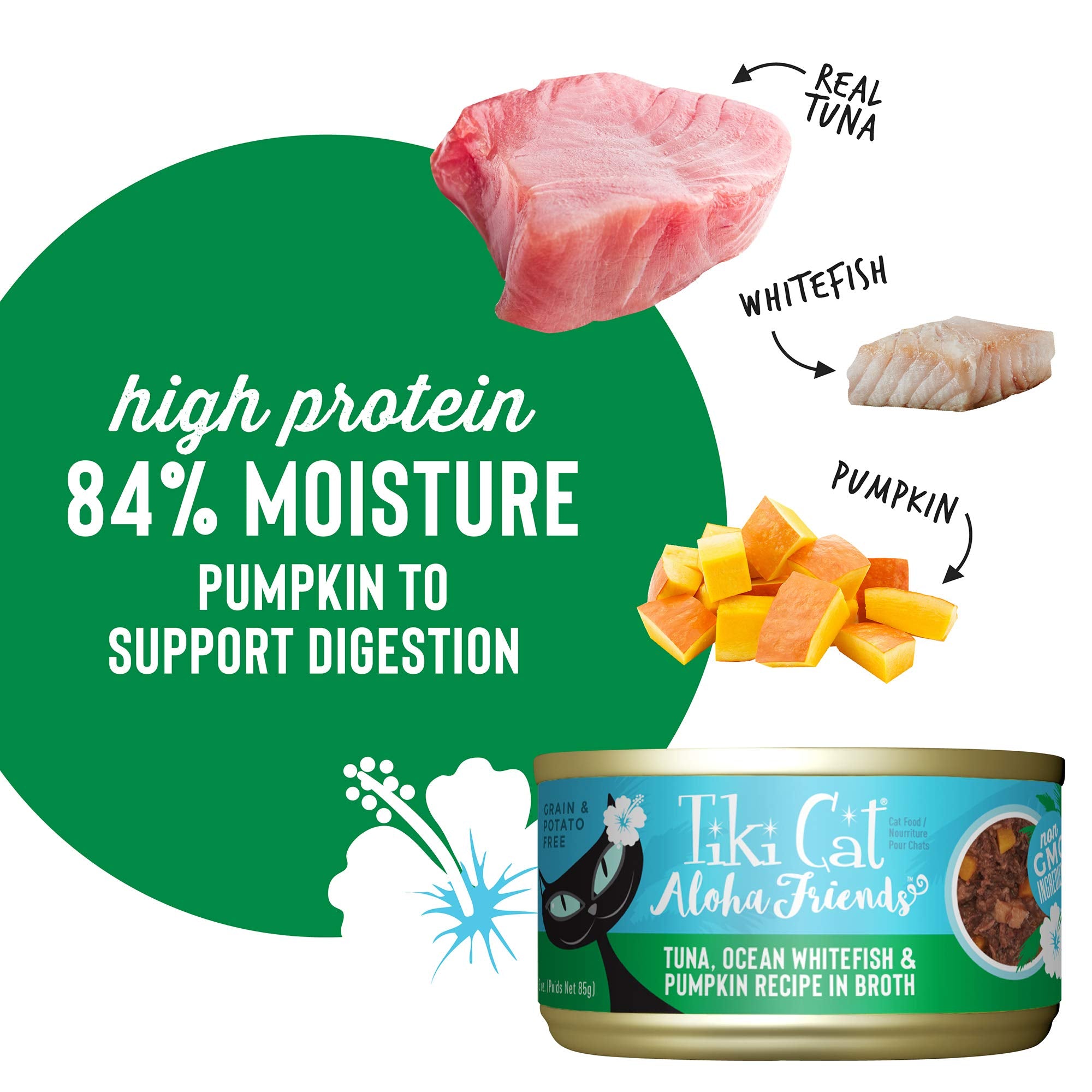 Tiki Cat Aloha Friends, Tuna, Ocean Whitefish & Pumpkin, Grain-Free & High Moisture, Wet Cat Food for All Life Stages 3 oz. Can