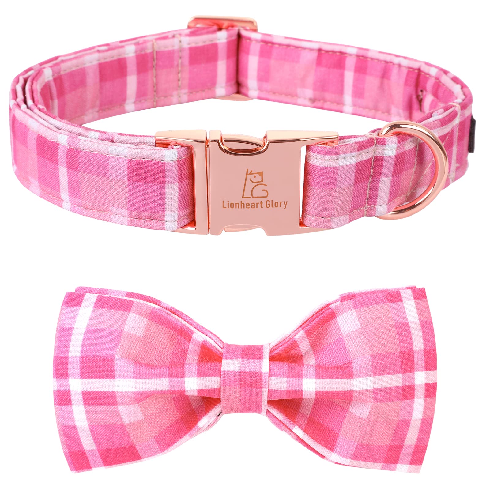 Lionheart Glory Pink Plaid Dog Collar, Adjustable Dog Collar With Bowtie, Pet Gift Girl Collar For Dog Soft Bowtie Dog Collars For Small Dogs