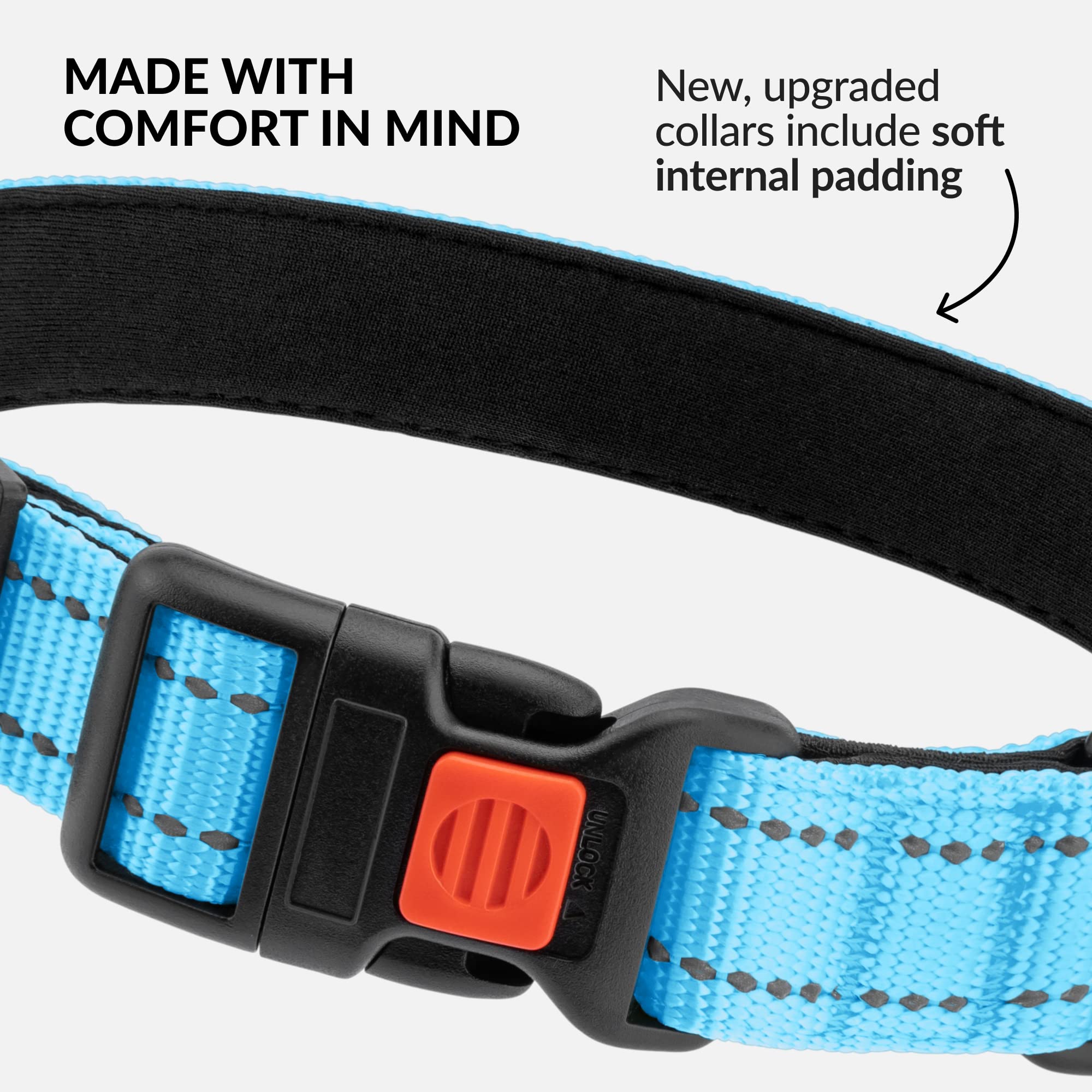 Collardirect Reflective Padded Dog Collar For A Small, Medium, Large Dog Or Puppy With A Quick Release Buckle - Boy And Girl - Nylon Suitable For Swimming (14-18 Inch, Light Blue)
