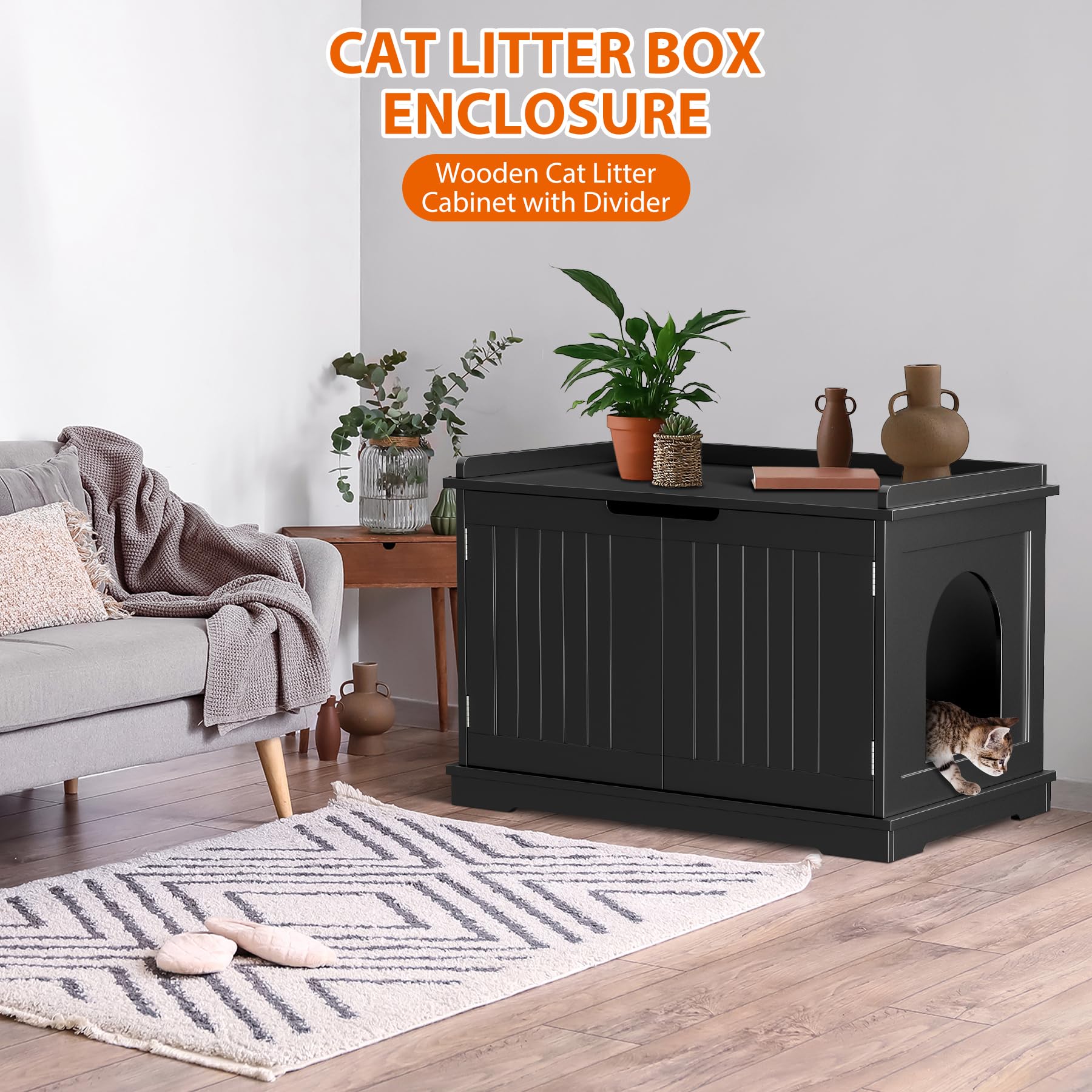 Cat Litter Box Enclosure Furniture Hidden Wooden Washroom Litter Box Cabinet, Indoor Cat House With Removable Divider, As Table