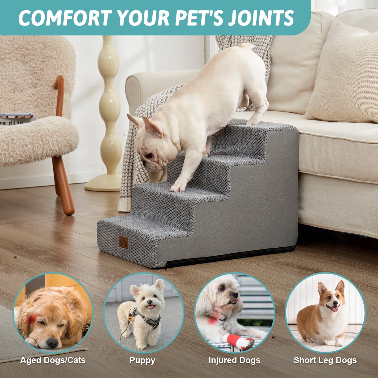 Cozy Kiss Dog Stairs For Small Dogs, 4 Tier Wider Pet Stairs For Couch And Beds, 17.7'' H Non-Slip Dog Steps For Old Cats, Puppy