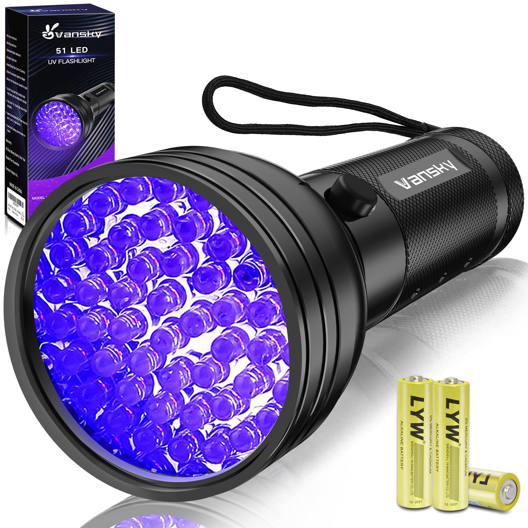 Vansky UV Flashlight, 51 LED Blacklight Pet Urine Detector, Black, Includes Batteries, Ideal for Dog/Cat Urine and Stains