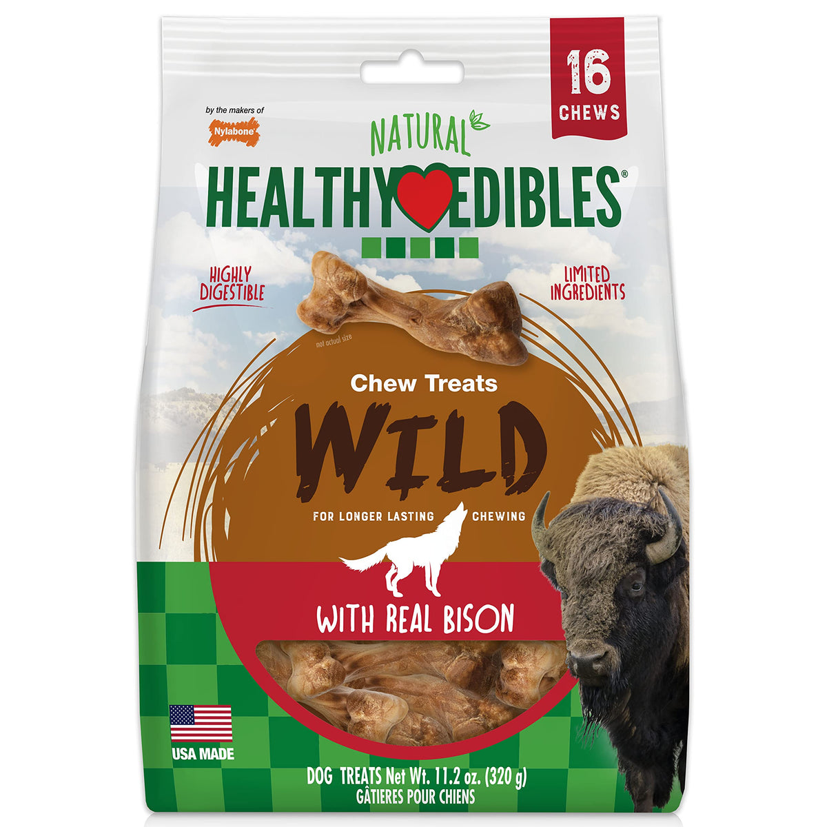 Nylabone Healthy Edibles Wild Natural Long-Lasting Bison Flavor Bone Chew Treats For Dogs, Small (16 Count)