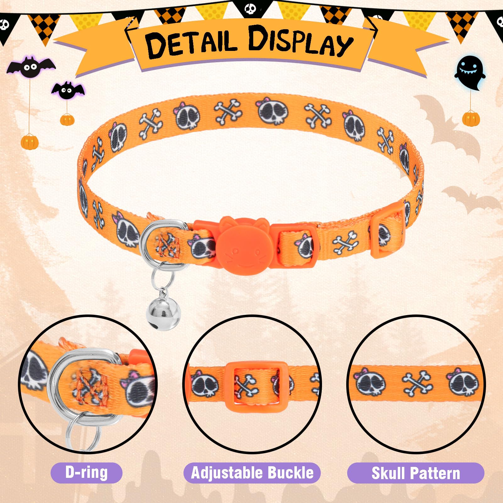 Pupteck Cute Breakaway Cat Collar With Bell Charm, 2 Packs Adjustable Kitty Collars Purple & Orange Skull Pattern