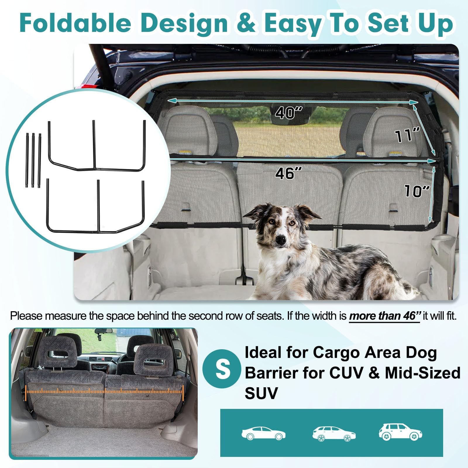 Dog Car Barrier Escape-Proof, 46' Wide Car Divider For 3Rd Row Seats & Cargo Area, Durable Cargo Area Dog Car Gate Trunk Barrier With See Through Net Mesh For Small Sized Suv & Vehicles Or Hatchback