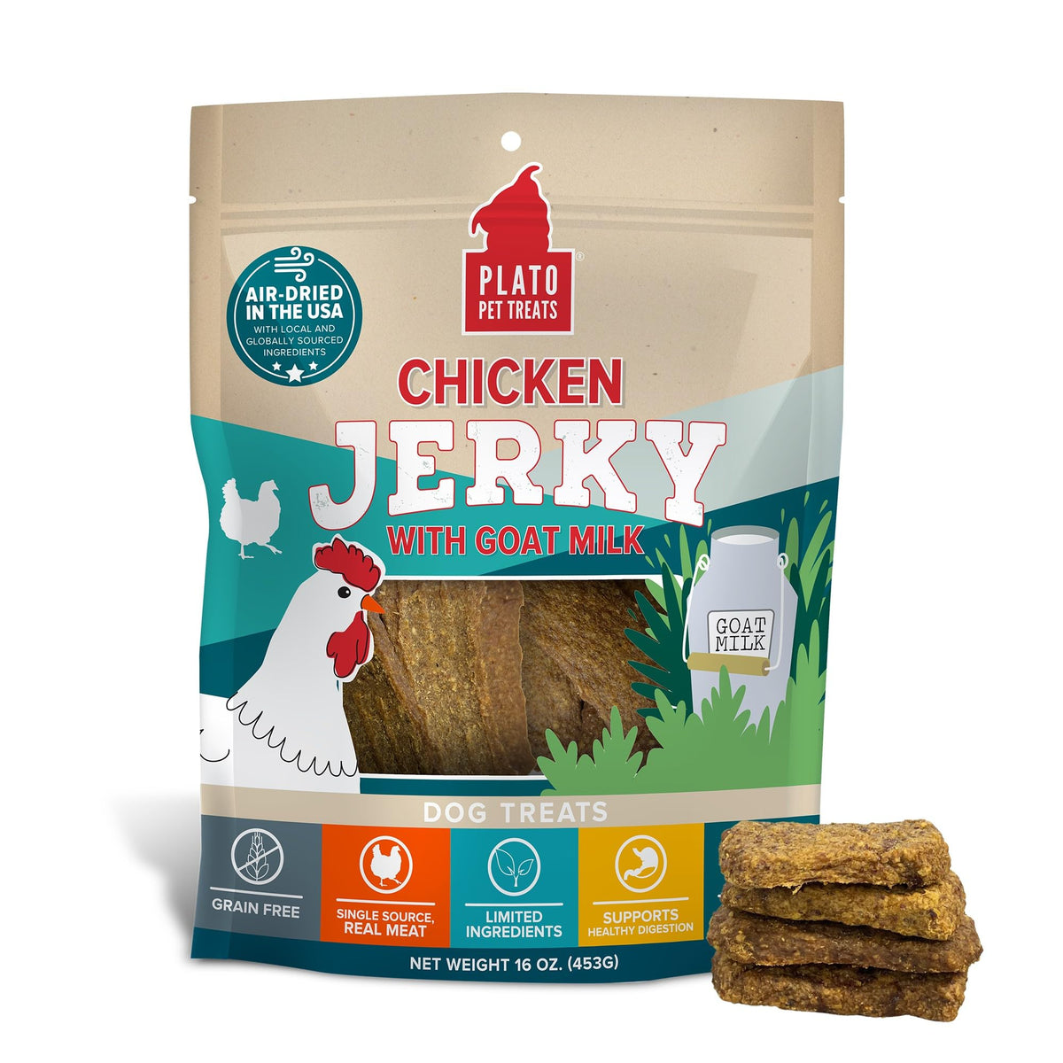 Plato Pet Treats Jerky Dog Treats - Air-Dried Jerky For Dogs - Delicious, Real Meat Dog Treats - Grain Free - Supports Healthy Digestion - Chicken Jerky With Goat Milk 16Oz