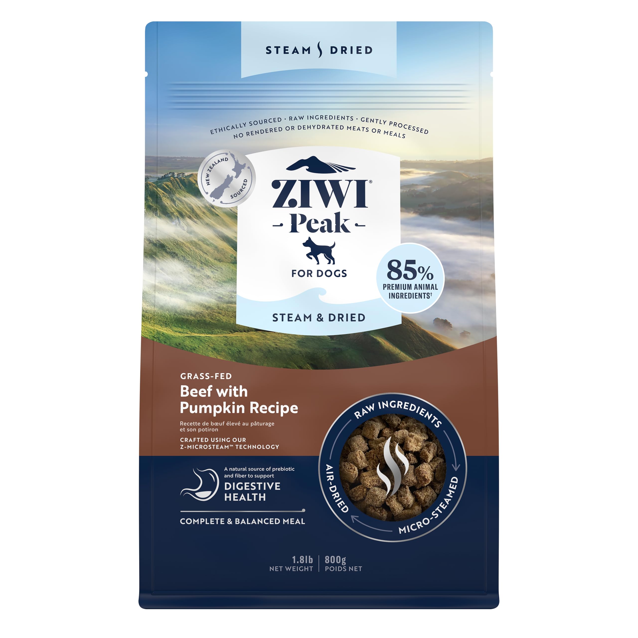 ZIWI Peak Steam & Dried Dog Food - Grass-fed Beef w/Pumpkin - High Protein, Low Carb, All Breeds & Lifestages, for Digestive Hea