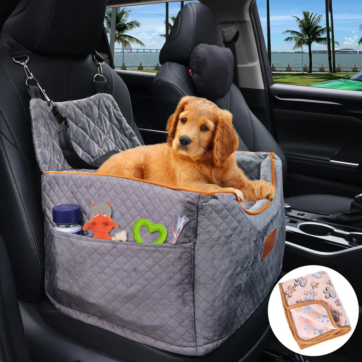 Alfatok Memory Foam Booster Dog Car Seat With Washable Removable Cover, Elevated Pet Seat, Anti-Slip Sturdy Seats For Small Dogs 25Lbs, Belt, Storage Pocket, Blankets Grey