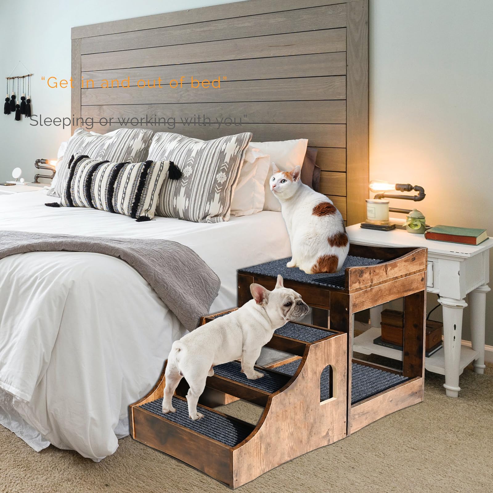Canormpet Super Large Multi-Level Pet Bunk Bed for Dogs and Cats, Rustic Wood with Stairs and Mats, Indoor Use