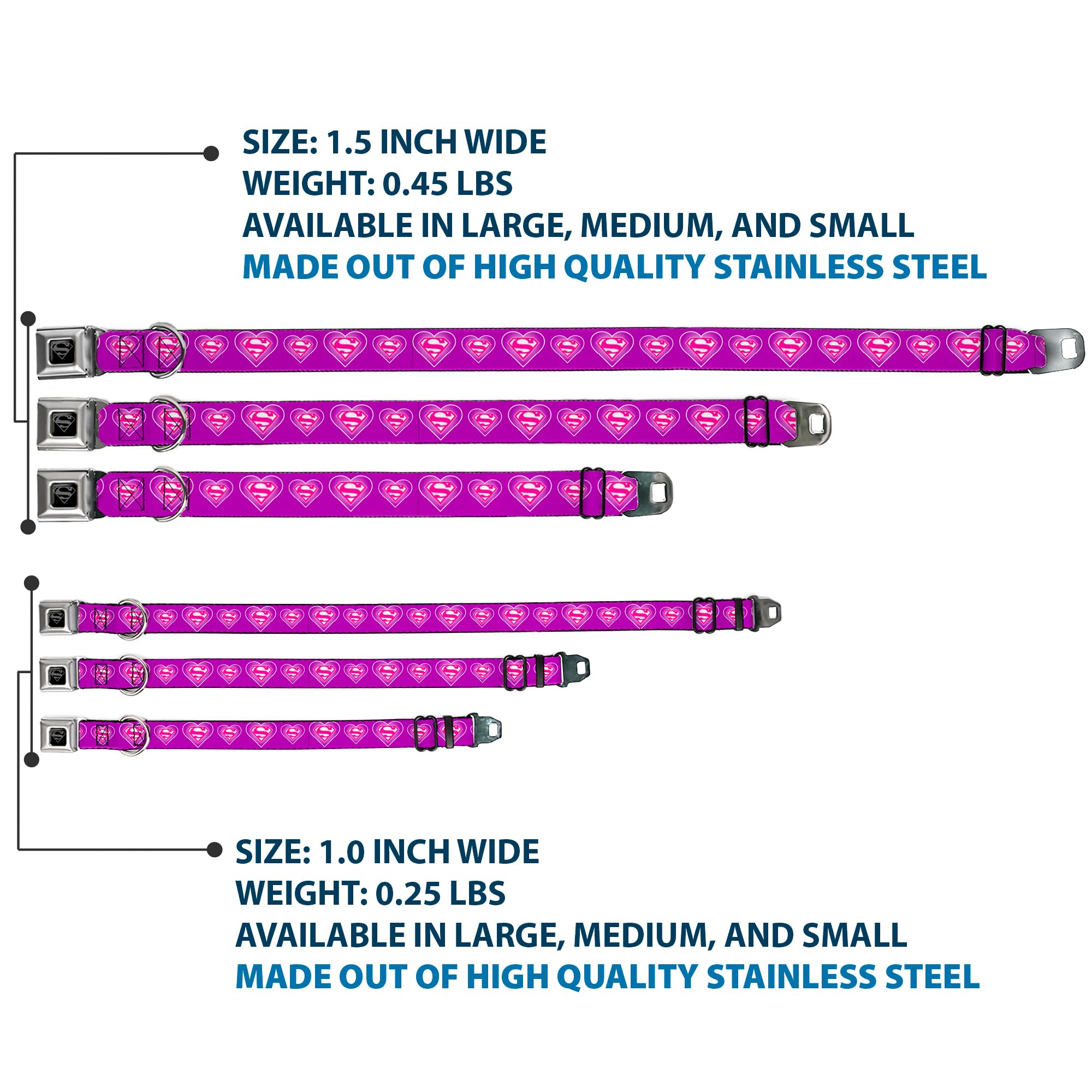 Buckle-Down Seatbelt Buckle Dog Collar - Superman Logo In Heart Purple/White/Pink - 1.5' Wide - Fits 16-23' Neck - Medium