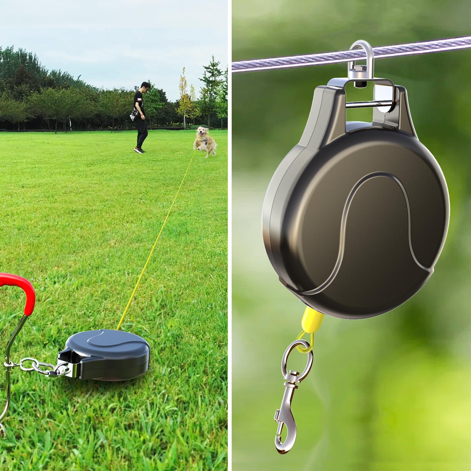 Pestairs 30Ft Dog Tie Out Cable And Retractable Dog Leash, 2-In-1 Lead For Zipline, Aerial Run Cable Trolley Or Anchor, No Tangl