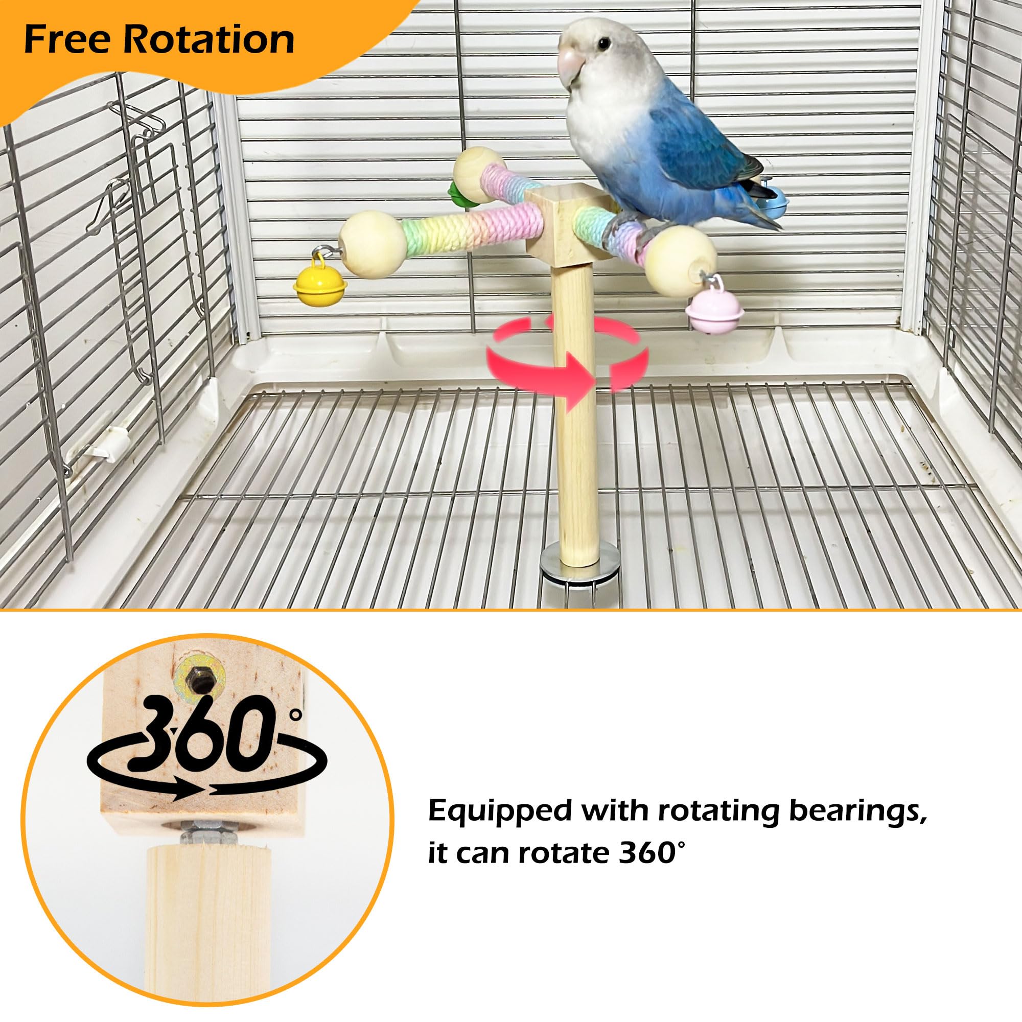Bird Stand Perch Toy With Bells, Interactive Spinning Parakeet Toys, Wooden Exercise Wheel Parrot Toy, Enrichment Cockatiel Toy