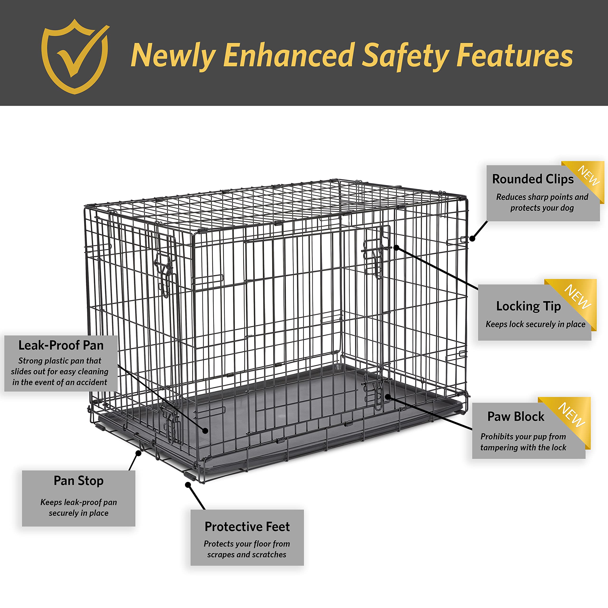 New World 36-Inch Double Door Folding Metal Dog Crate, Black, Includes Leak-Proof Pan & Divider for Medium to Large Breeds