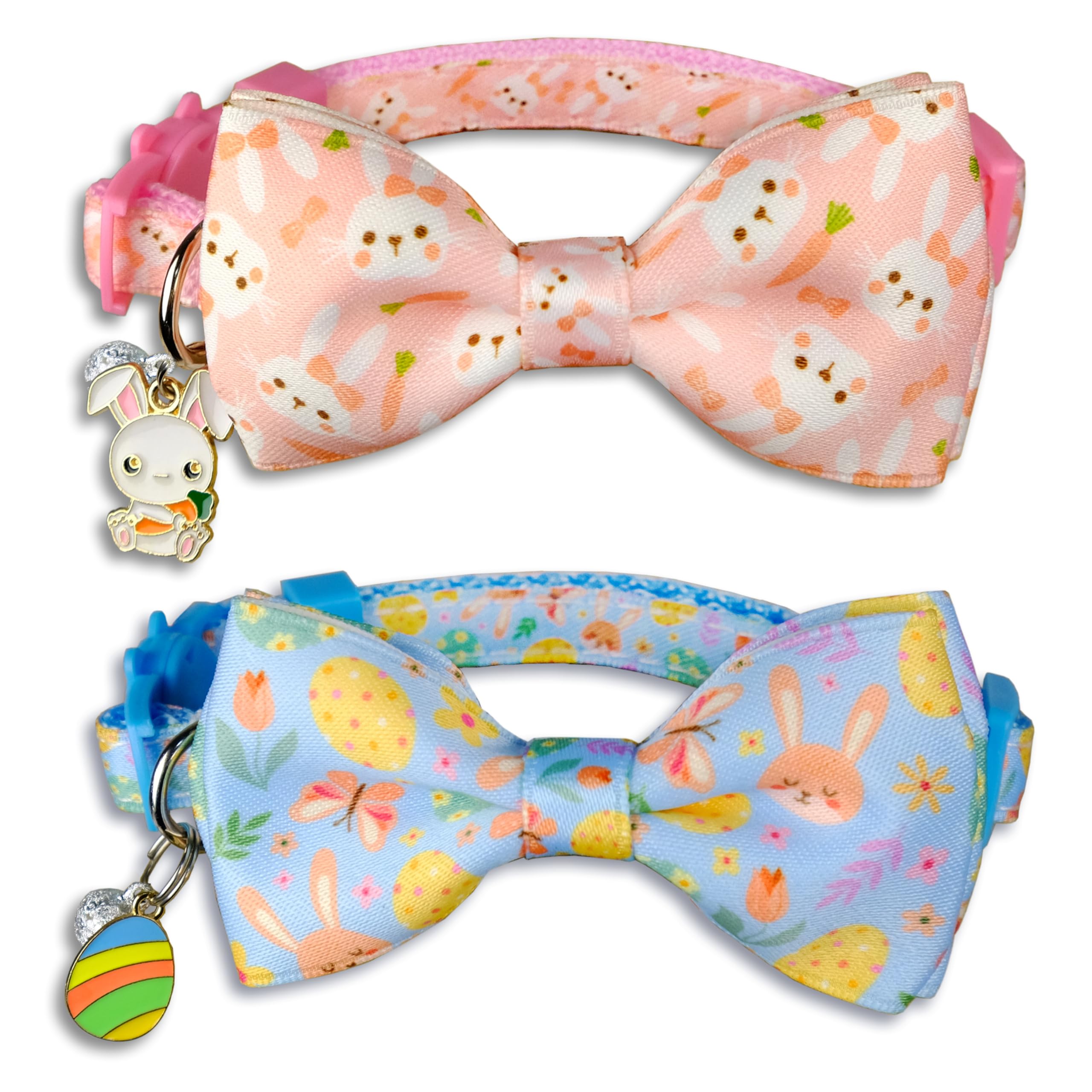2 Pack Cat Collar With Bowtie And Charms Adjustable Breakaway Safety Design, Bunny And Pastel Egg Patterns, Soft Comfortable Nyl